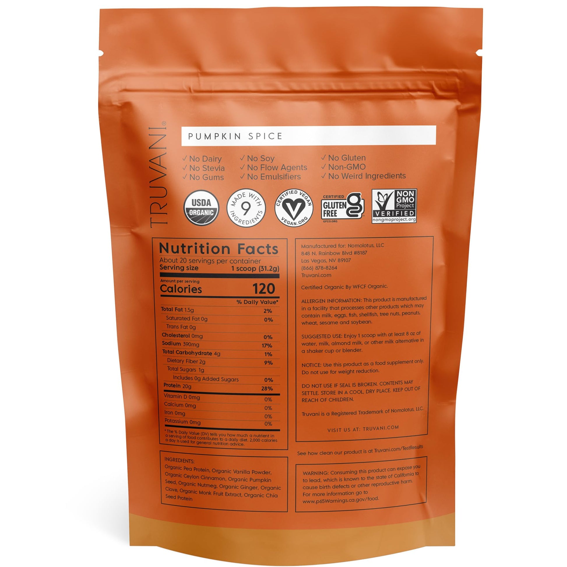 Truvani Organic Vegan Protein Powder Pumpkin Spice - 20g of Plant Based Protein Truvani
