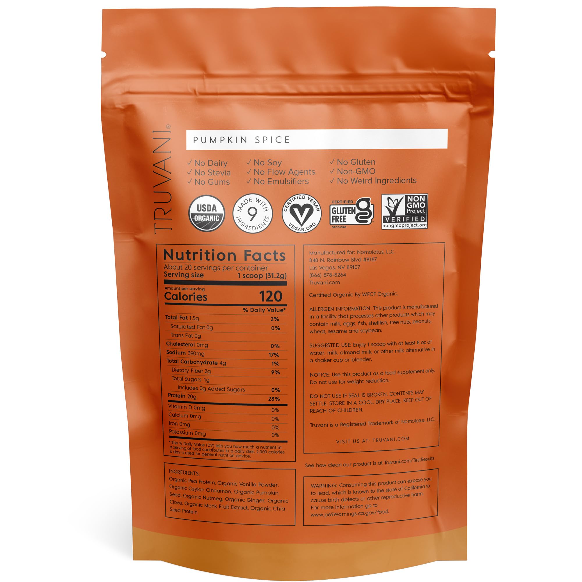 Truvani Organic Vegan Protein Powder Pumpkin Spice - 20g of Plant Based Protein Truvani