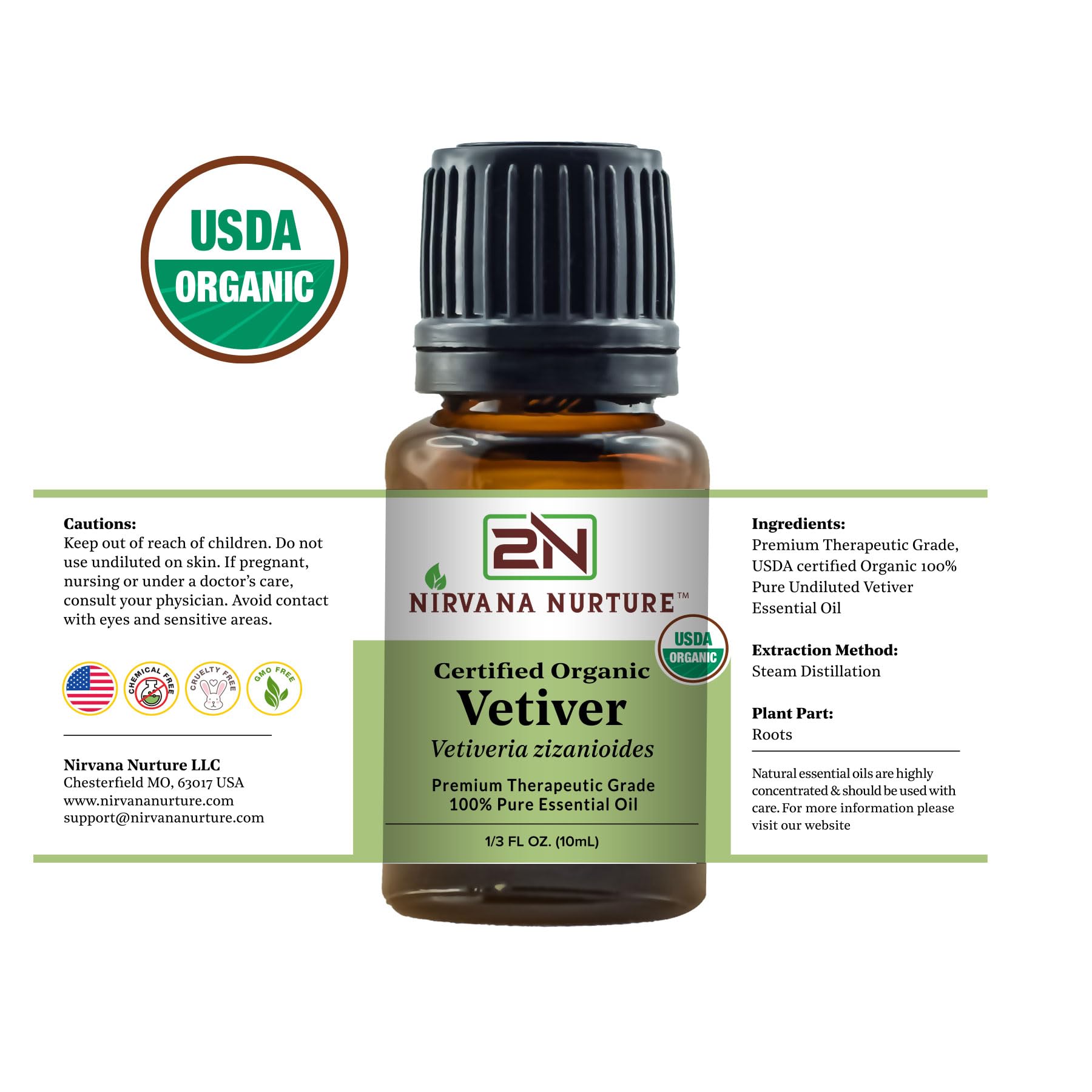 Nirvana Nurture Vetiver Essential Oil USDA Certified Organic 100% Pure Premium Therapeutic Grade Nirvana Nurture