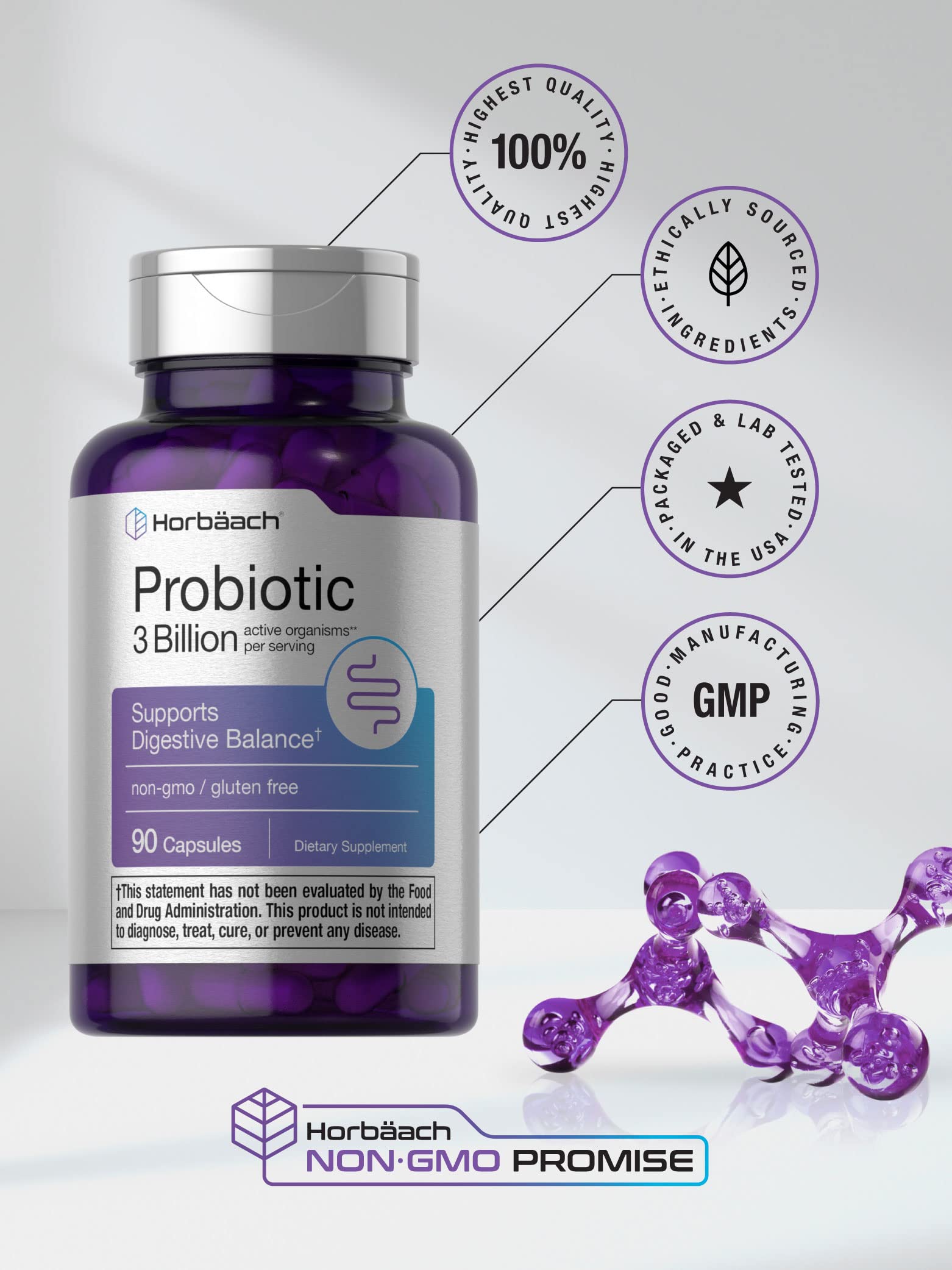 Probiotic for Women & Men's Digestive Health | 3 Billion CFU | 90 Capsules | Non-GMO Horbäach