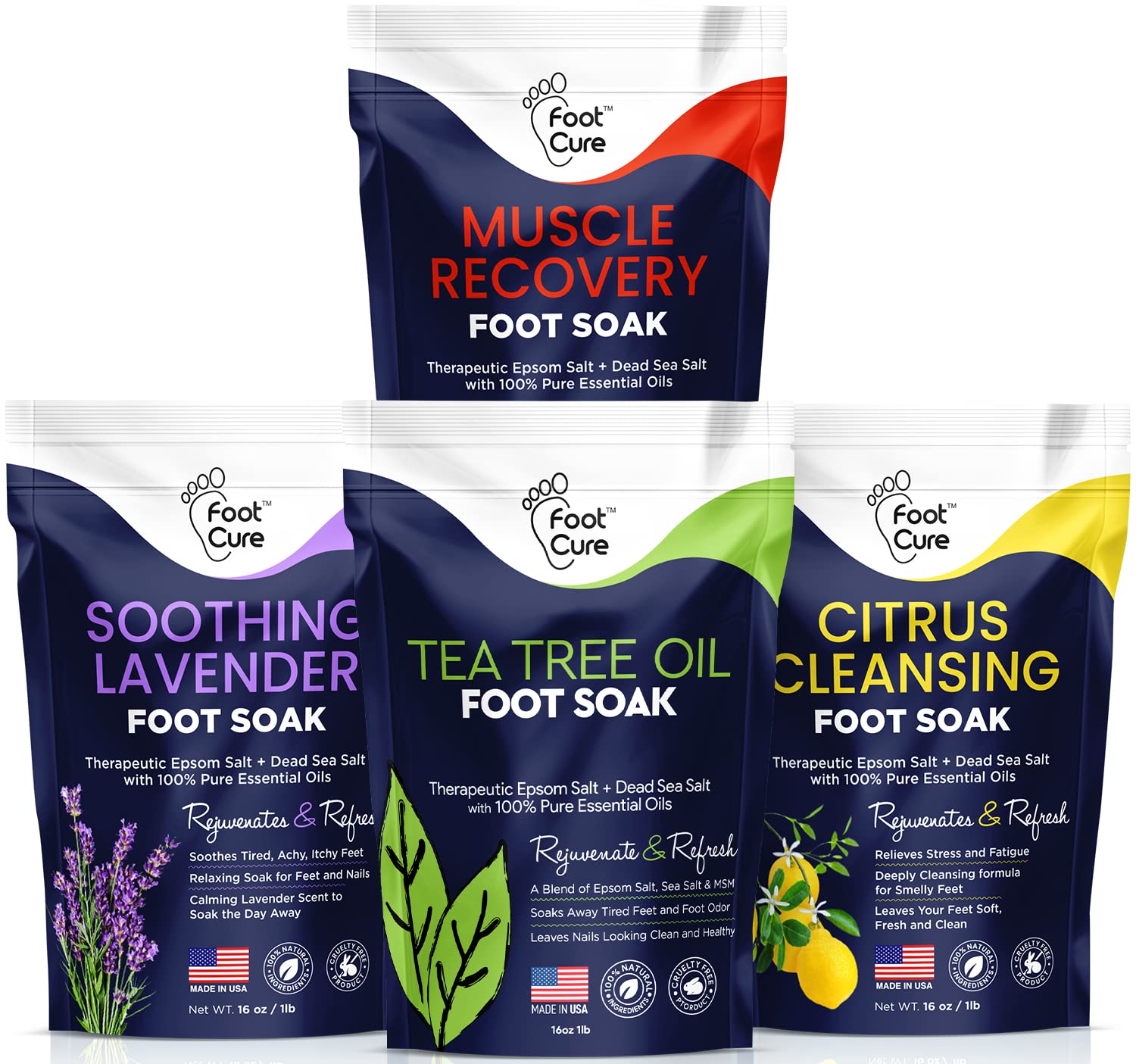 Foot Soak with Epsom Salts- Variety Pack of 4- Tea Tree Oil, Muscle Relief, Calming