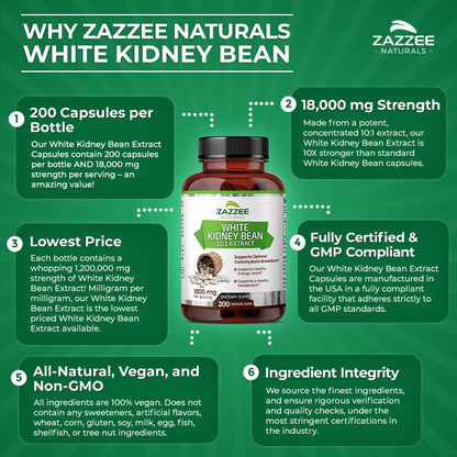 Zazzee White Kidney Bean 10:1 Extract, 18,000 mg Strength, 200 Vegan Capsules, Over 2 Month Supply