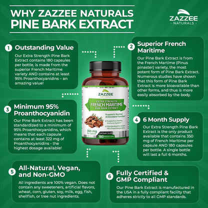Zazzee Extra Strength French Maritime Pine Bark Extract, 350 mg Per Capsule