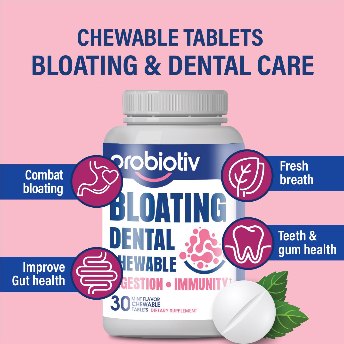 Probiotiv Chewable Probiotics for Daily Bloating w/ 5 Billion CFU – “Two-in-One Combo” Probiotiv
