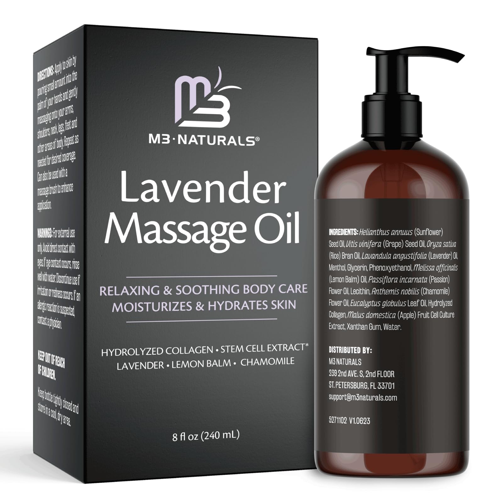 Lavender Massage Oil with Collagen and Stem Cells - Skin Tightening Massage Oil for Mass M3 Naturals