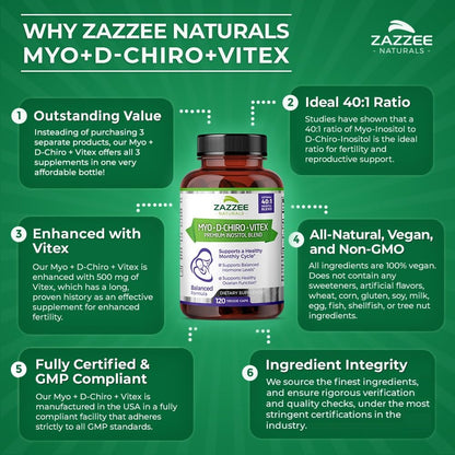 Zazzee Myo-Inositol + D-Chiro + Vitex, 120 Vegan Capsules, Optimal 40:1 Inositol Ratio, with 500 mg Vitex