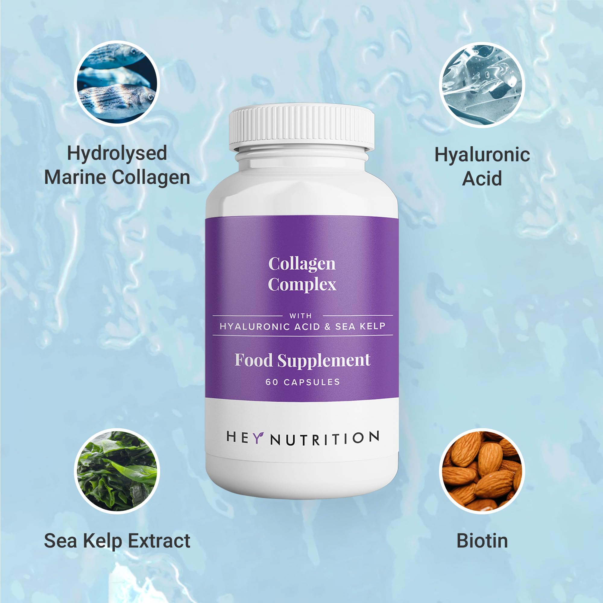 Hey Nutrition Collagen Complex Hyaluronic Acid & Sea Kelp Vitamin E, C, Biotin - Healthy Nails, Skin, Hair Joints Metabolism Hey Nutrition
