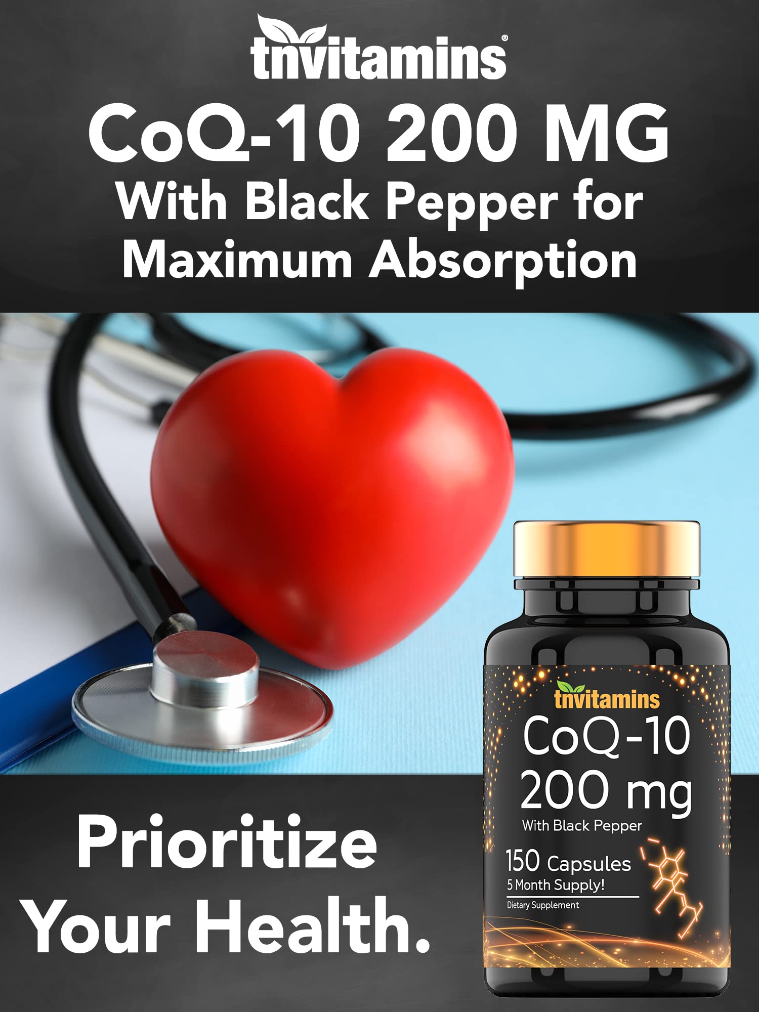 tnvitamins Ultra Potent CoQ-10 200 MG - 150 Capsules with Black Pepper Extract tnvitamins