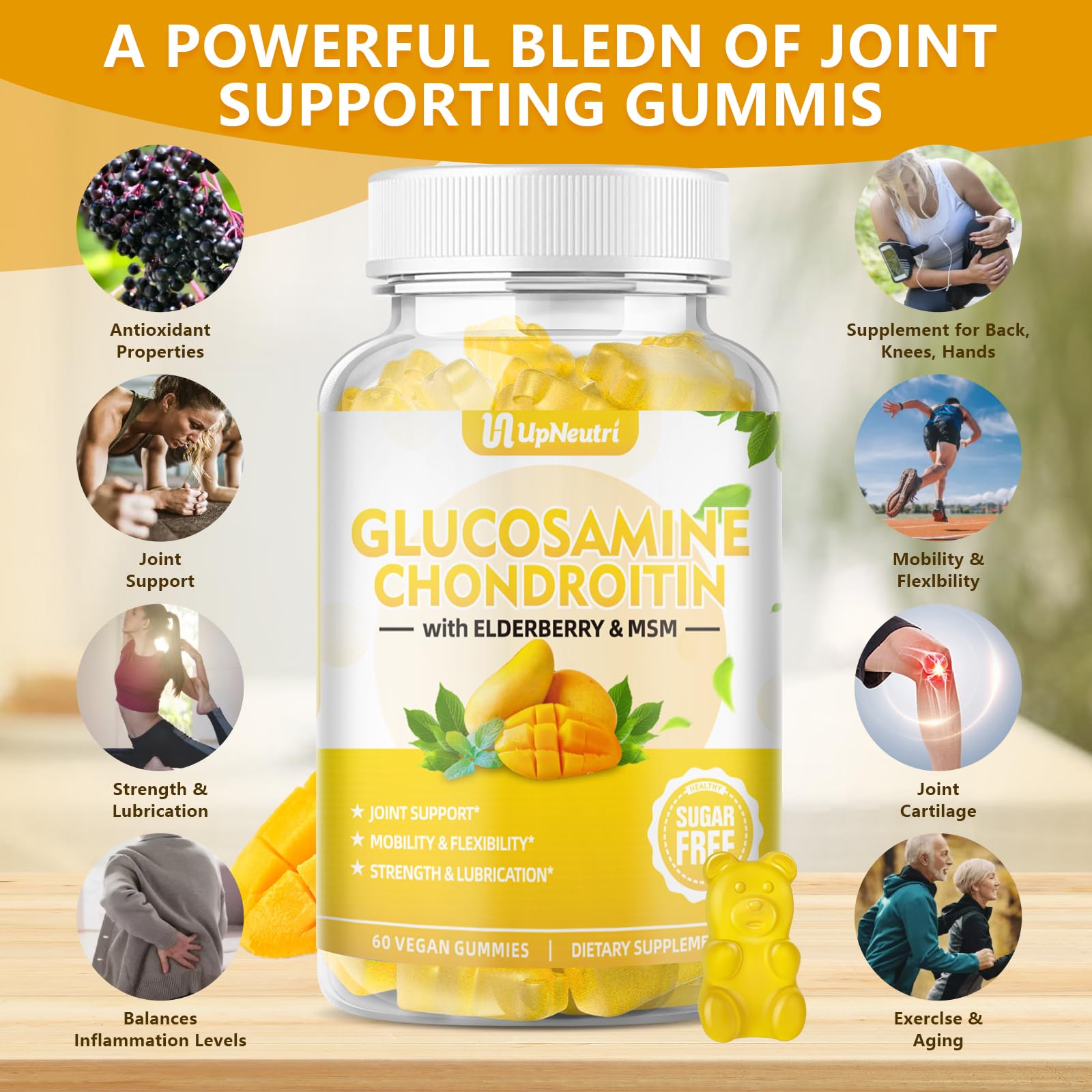 Sugar Free Glucosamine Chondroitin Gummies, Extra Strength 1500mg Glucosamine UPNEUTRI