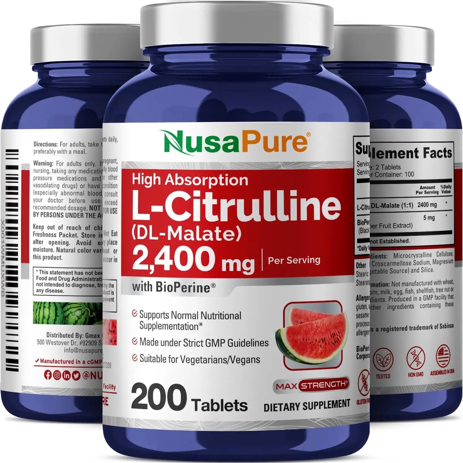 NusaPure L-Citrulline 2,400mg 200 Vegetarian Tablets (Non-GMO, Gluten Free, 100-Day Supply, Bioperine)