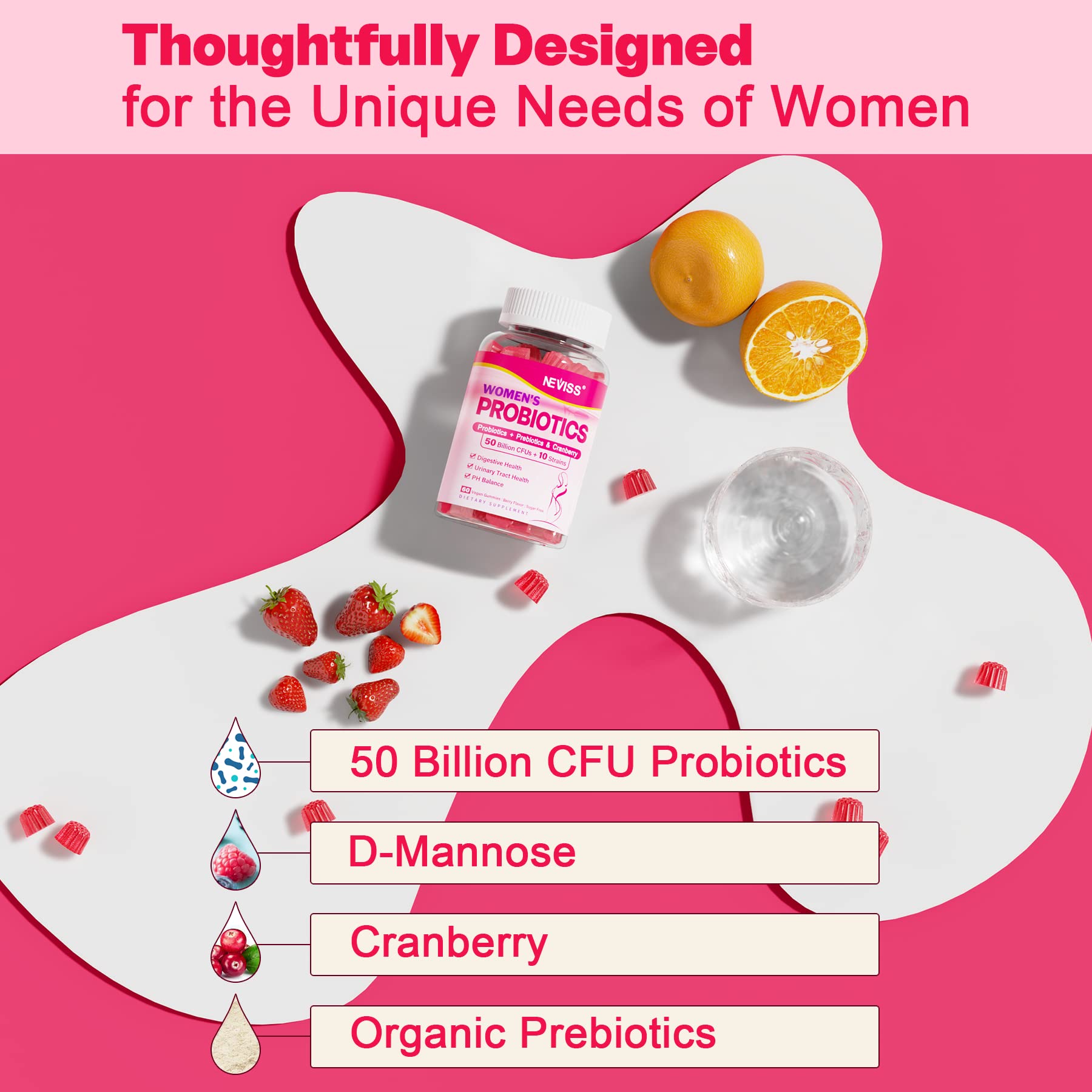Probiotics for Women Gummies, Sugar Free Vaginal Probiotics 50 Billion CFU 10 Strains w/ Cranberry NEVISS