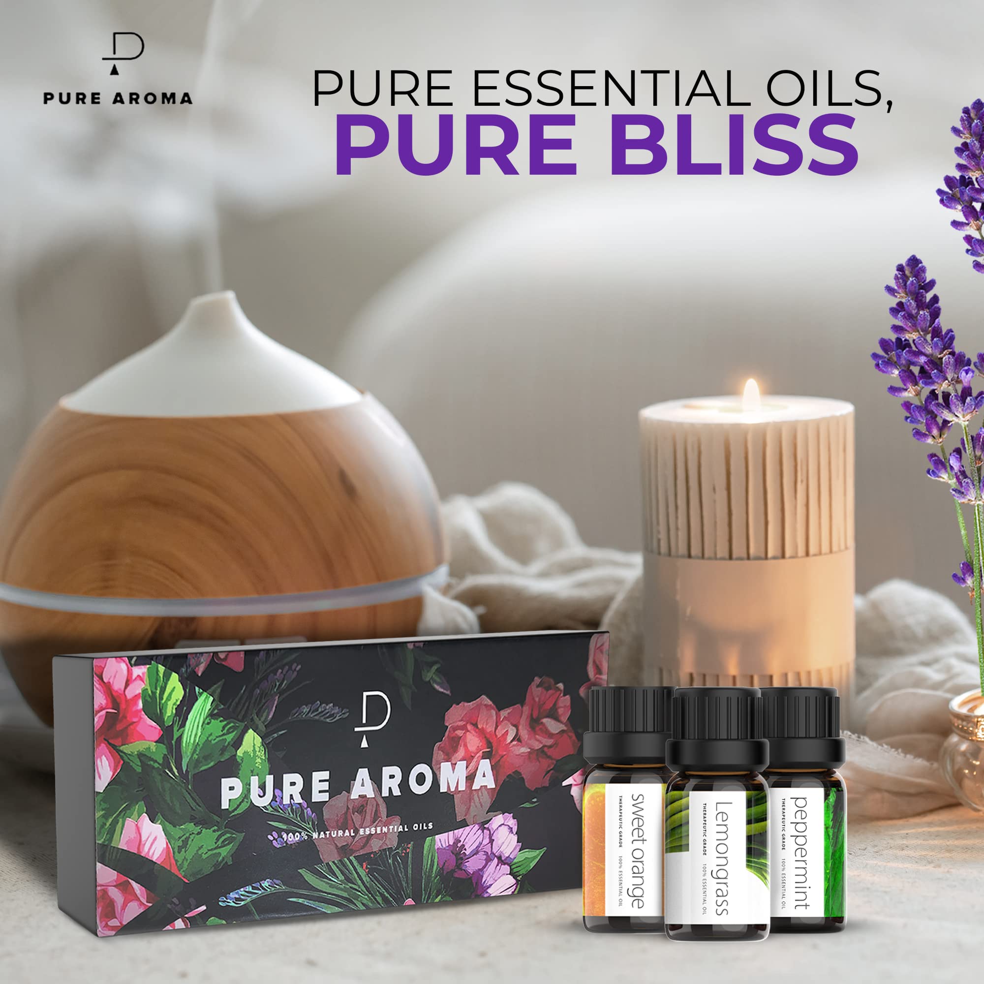 Essential Oils by PURE AROMA 100% Pure Oils kit- Top 6 Aromatherapy Oils Gift Set-6 Pack, 10ML Pure Aroma