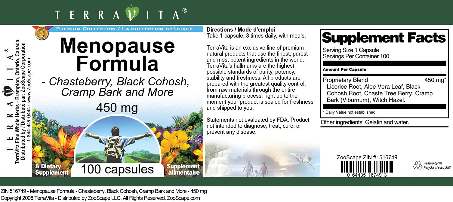 Menopause Formula - Chasteberry, Black Cohosh, Cramp Bark and More - 450 mg (100 Capsules) Terravita