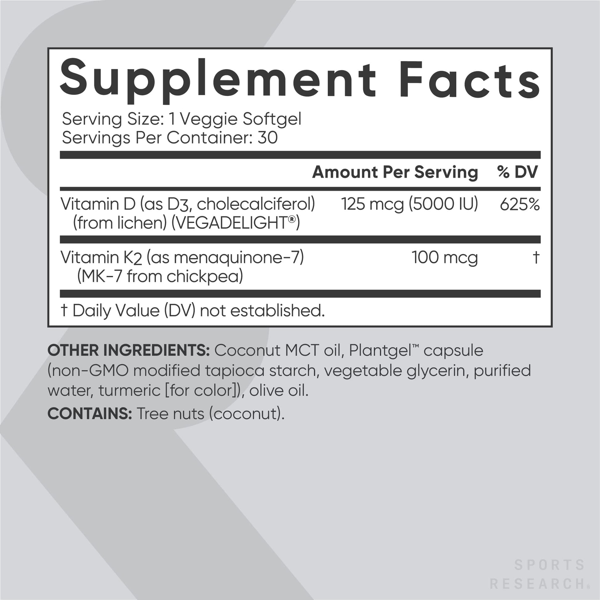 Sports Research Vegan Vitamin D3 + K2 Supplement with Organic Coconut Oil - 5000iu Sports Research