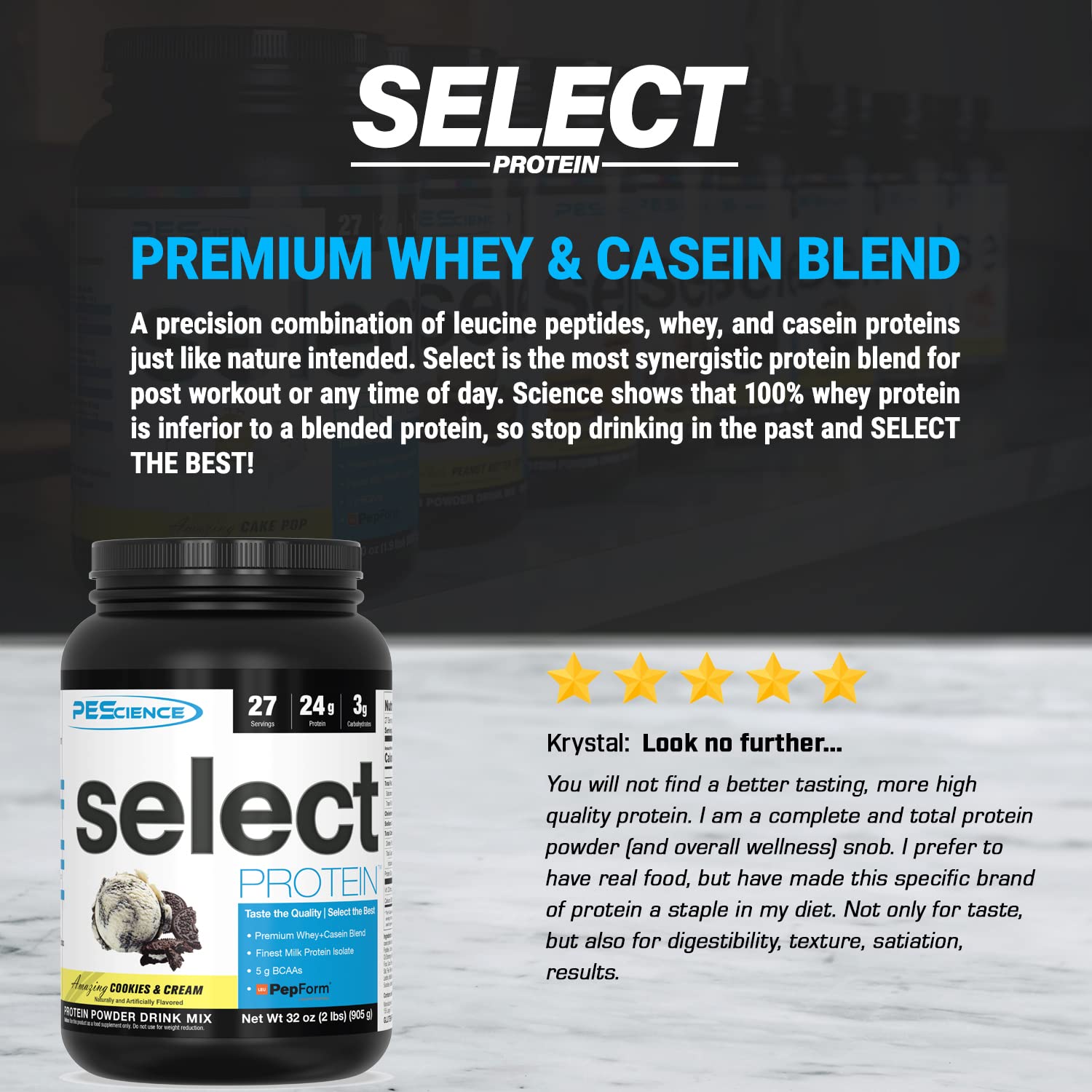PEScience Select Protein, Cookies and Cream, 27 Serving, Premium Whey and Casein PEScience