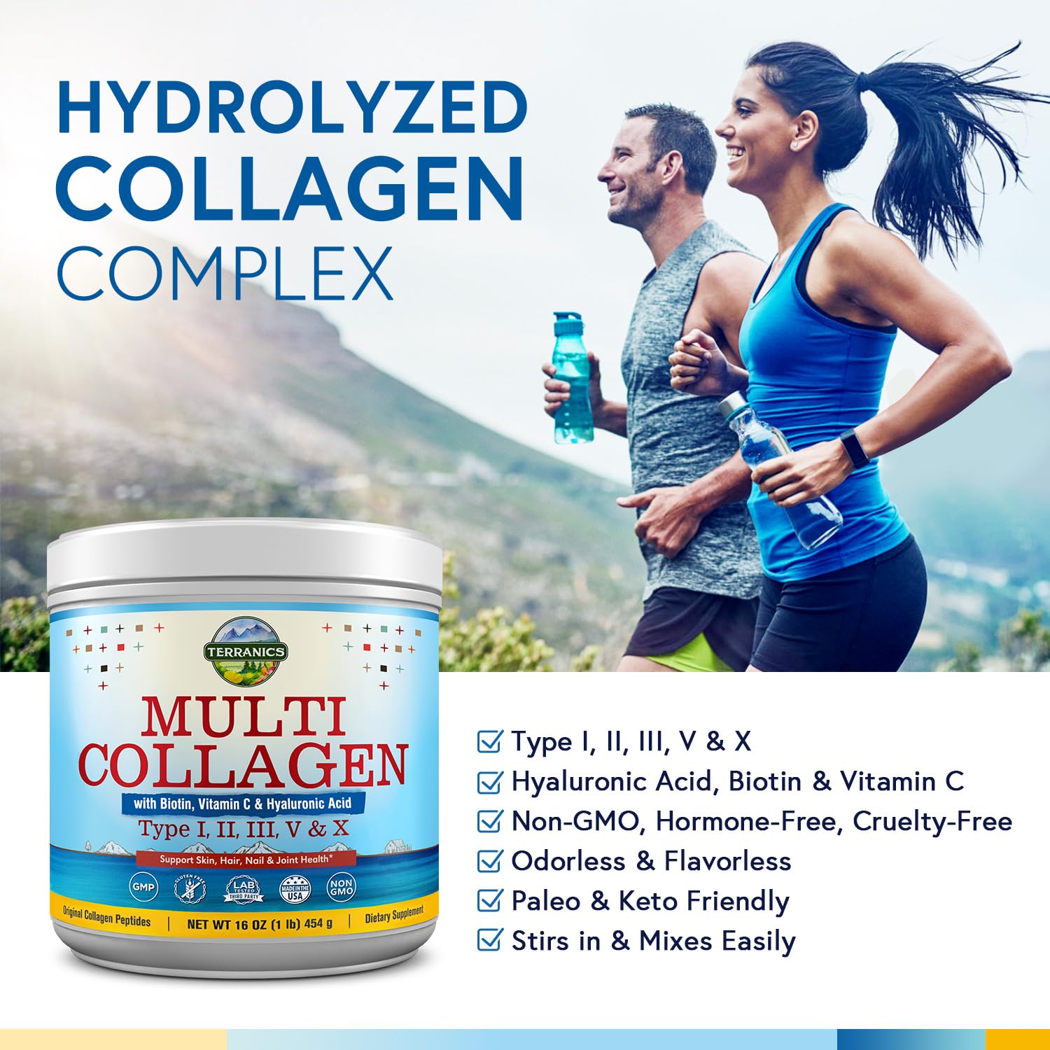 Terranics Multi Collagen Powder Type I II II V X with Biotin VC Hyaluronic Acid, Paleo Terranics