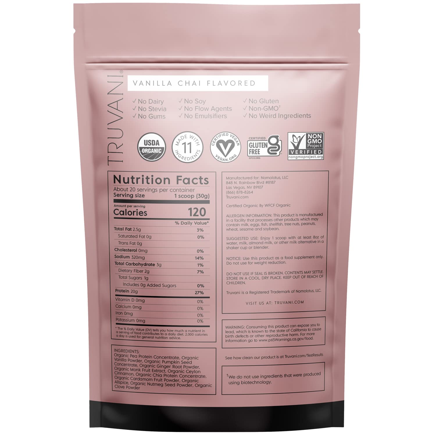 Truvani Organic Vegan Protein Powder Vanilla Chai - 20g of Plant Based Protein, Organic Truvani