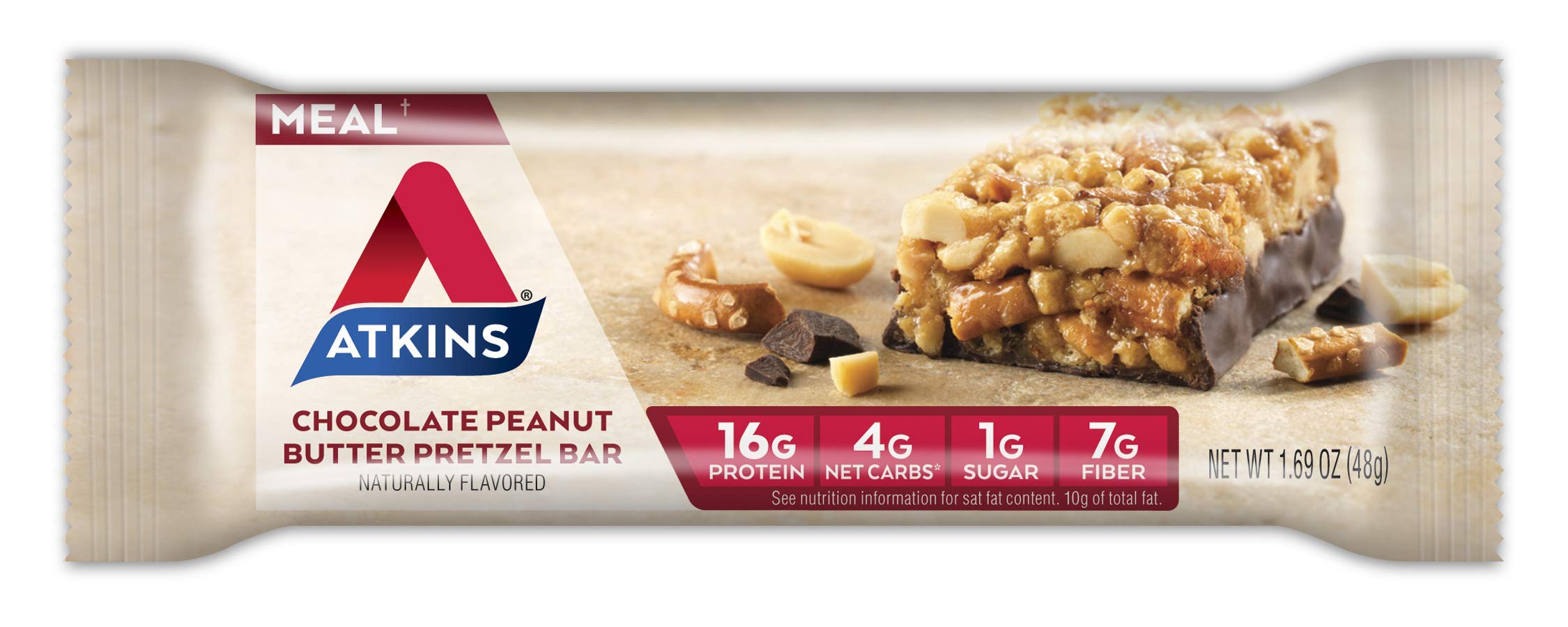Atkins Chocolate Peanut Butter Pretzel Protein Meal Bar, High Fiber, 16g Protein, 1g Sugar Atkins