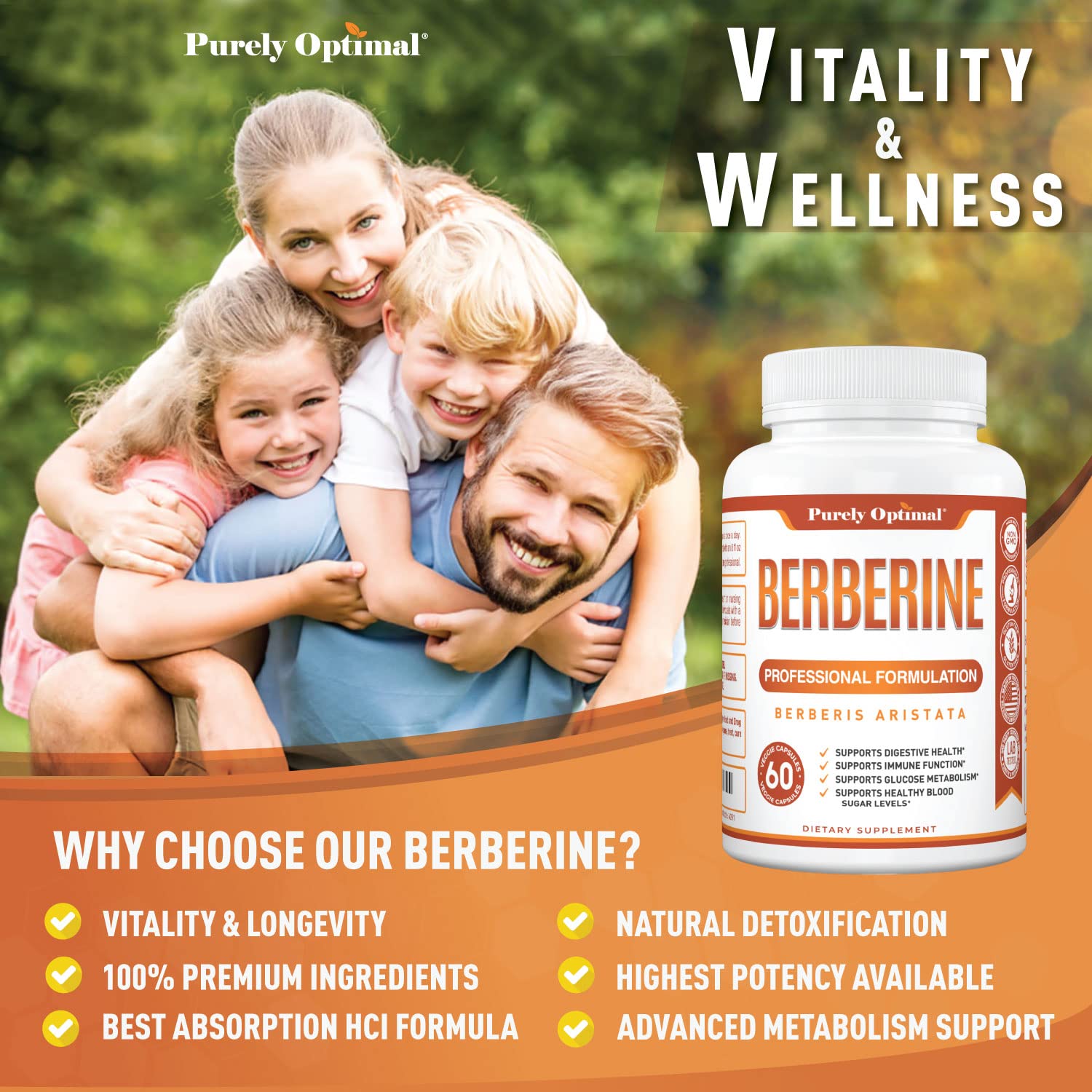 Purely Optimal Premium Berberine Supplement - 1200mg Berberine HCl, Non-GMO Purely Optimal