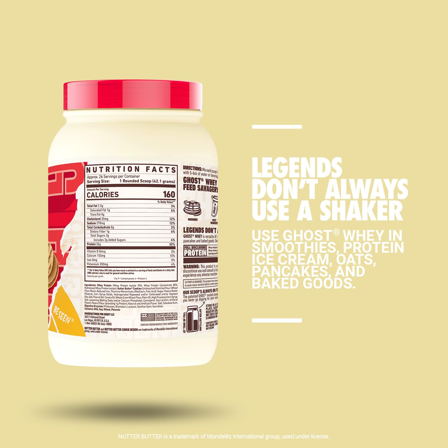 GHOST Whey Protein Powder, Nutter Butter - 2LB Tub, 26G of Protein - Peanut Butter GHOST