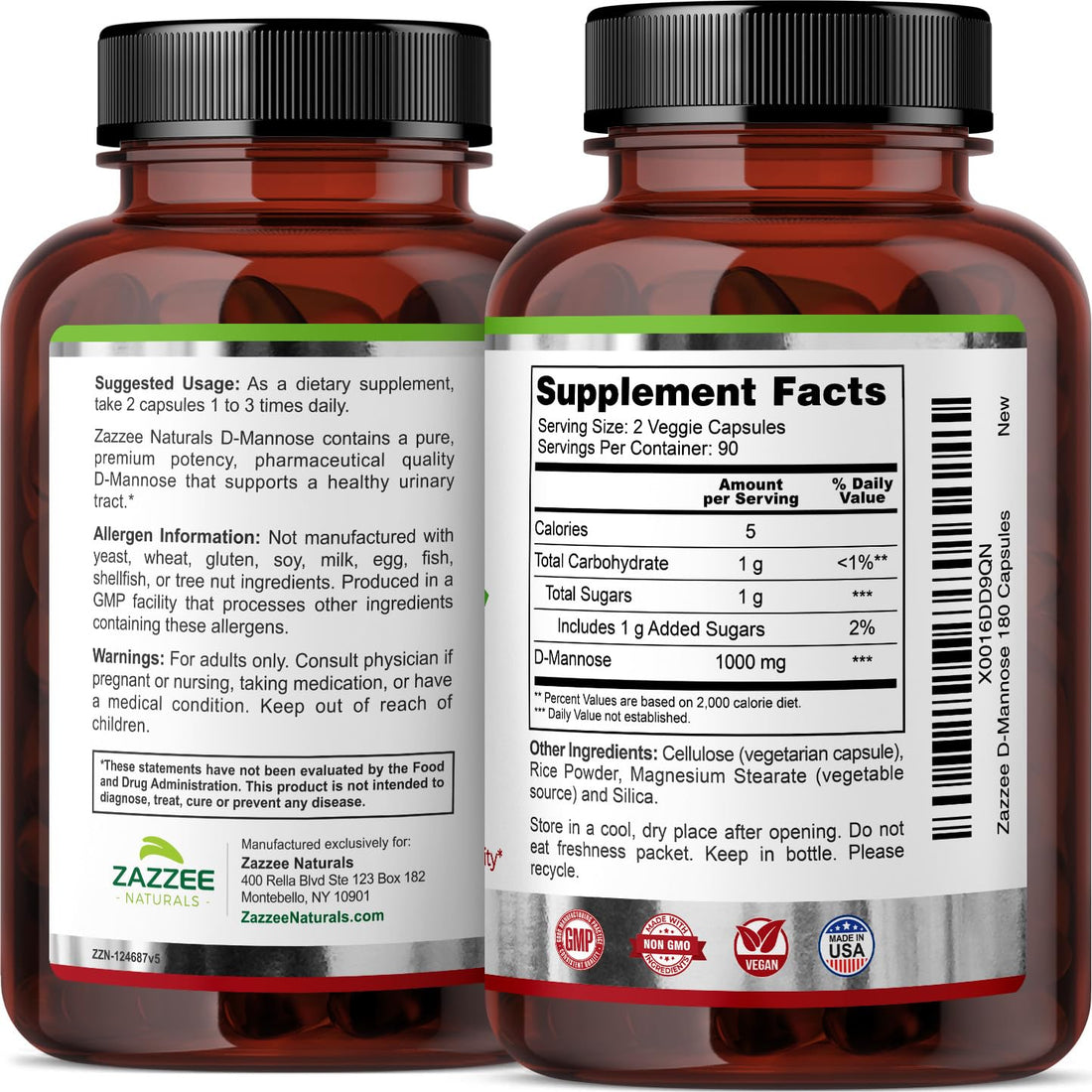 Zazzee D-Mannose, 1000 mg per Serving, 180 Vegan Capsules, 3 Month Supply, Potent 