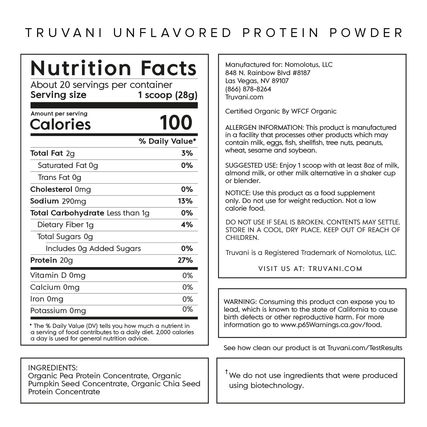Truvani Organic Vegan Protein Powder Unflavored - 20g of Plant Based Protein, Organic Truvani