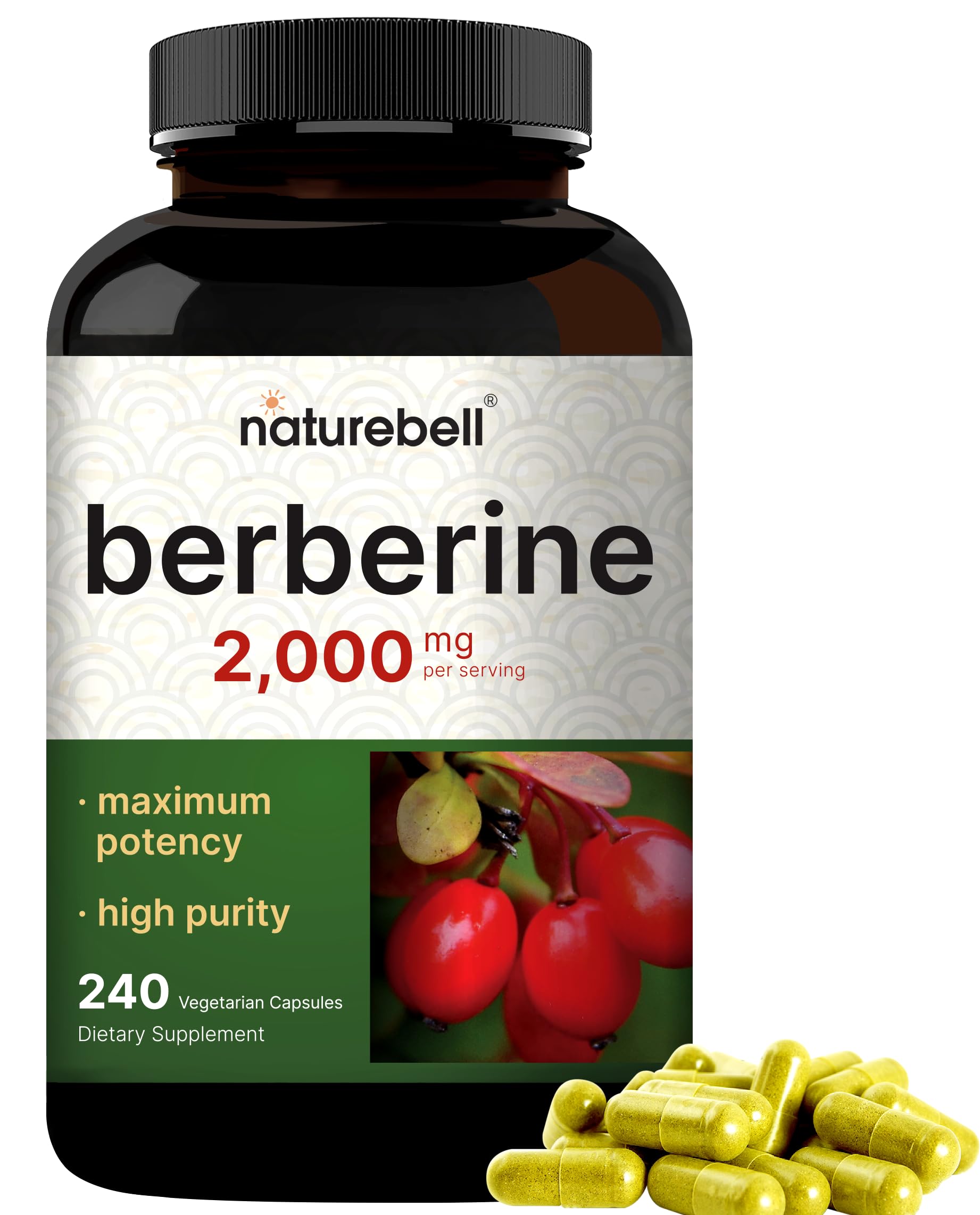 Berberine Supplement 500mg Per Capsule (2,000mg Per Serving) | 240 Veggie Capsules, 97% Pure Berberine HCL – Plant Based, Vegan, Non-GMO NatureBell
