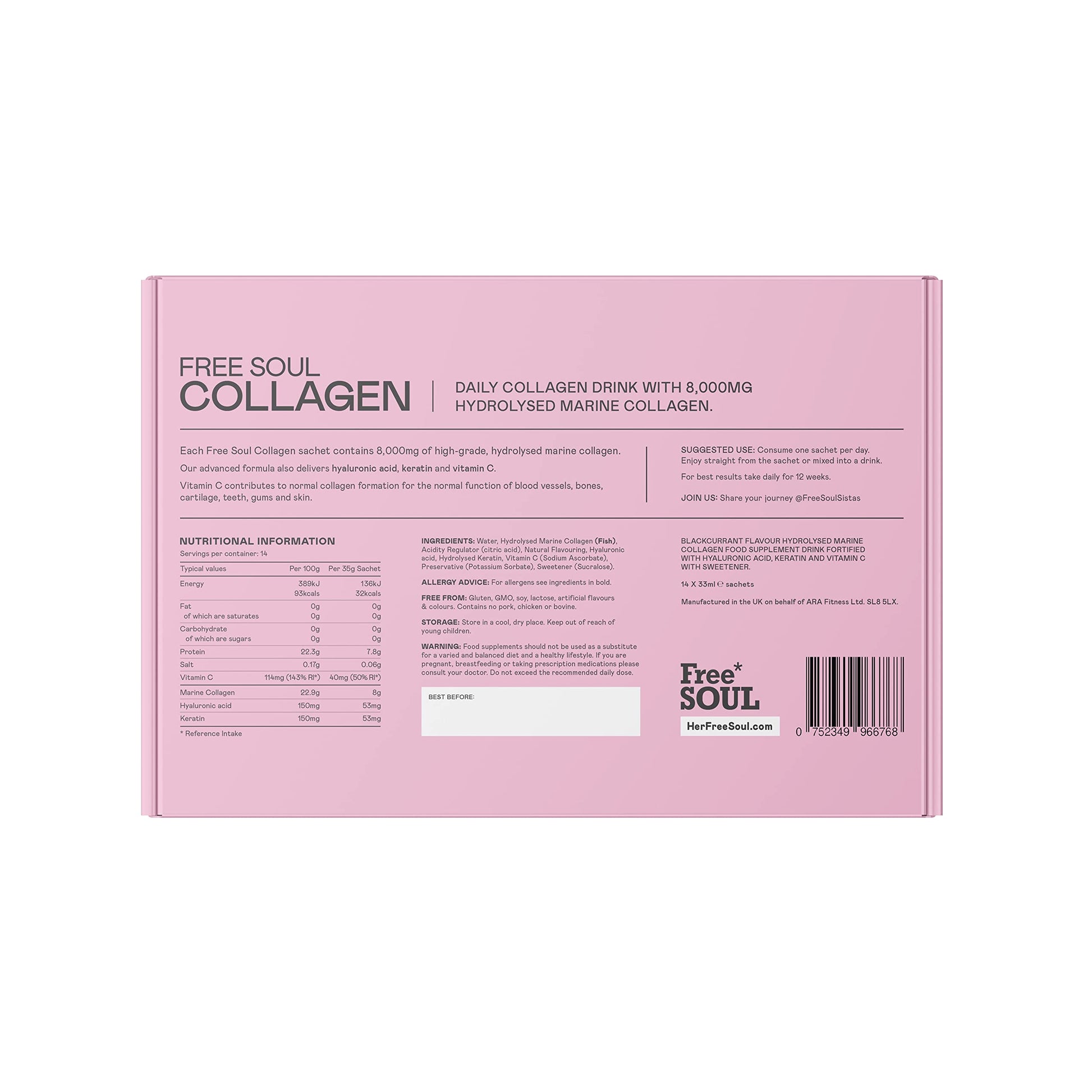 Marine Collagen Liquid 8000mg with Hyaluronic Acid, Keratin, & Vitamin C, 14 x 8000mg Hydrolysed Collagen Free Soul