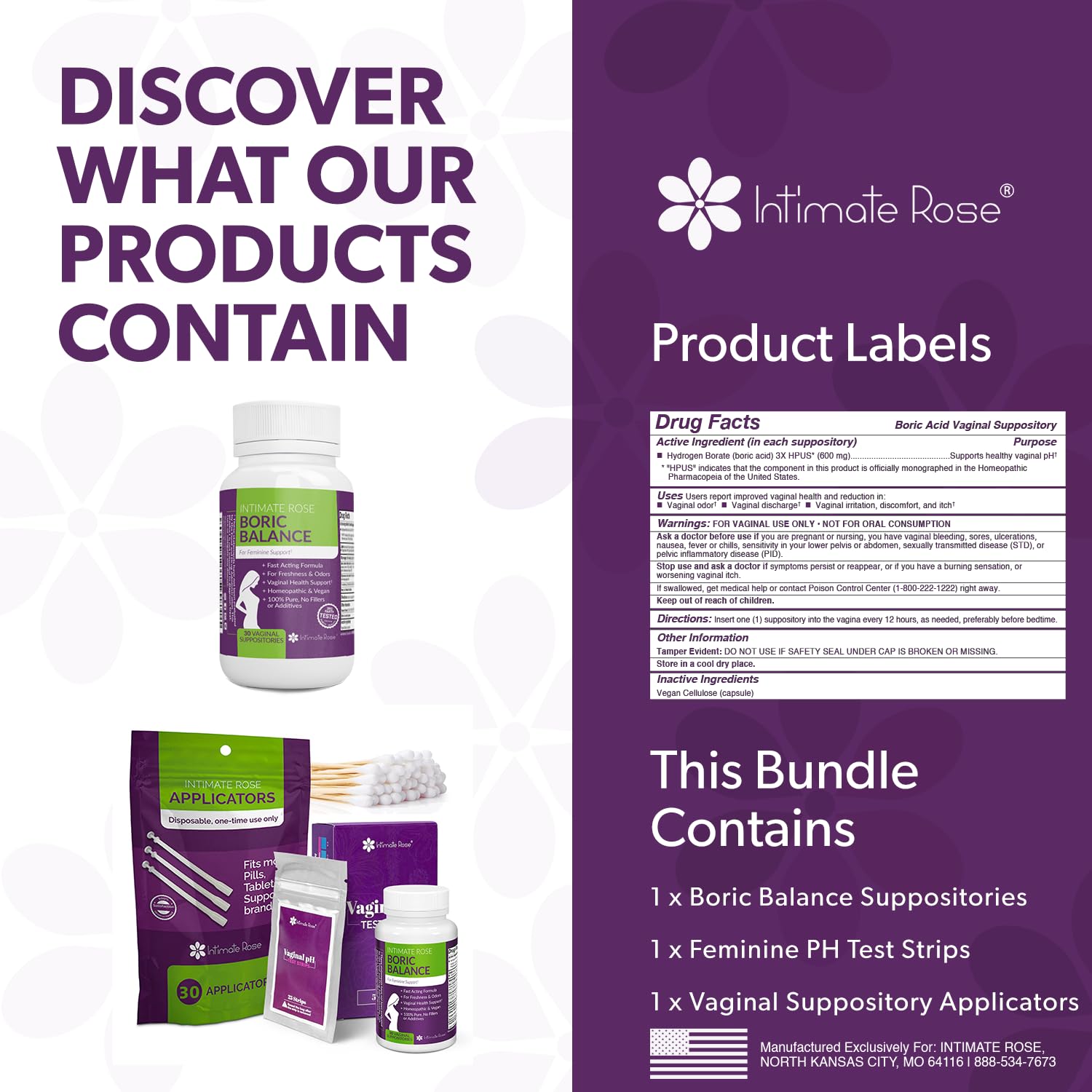 Intimate Rose Boric Acid Suppositories + 15 Count Vaginal Suppository Applicator + pH Test Strips Intimate Rose