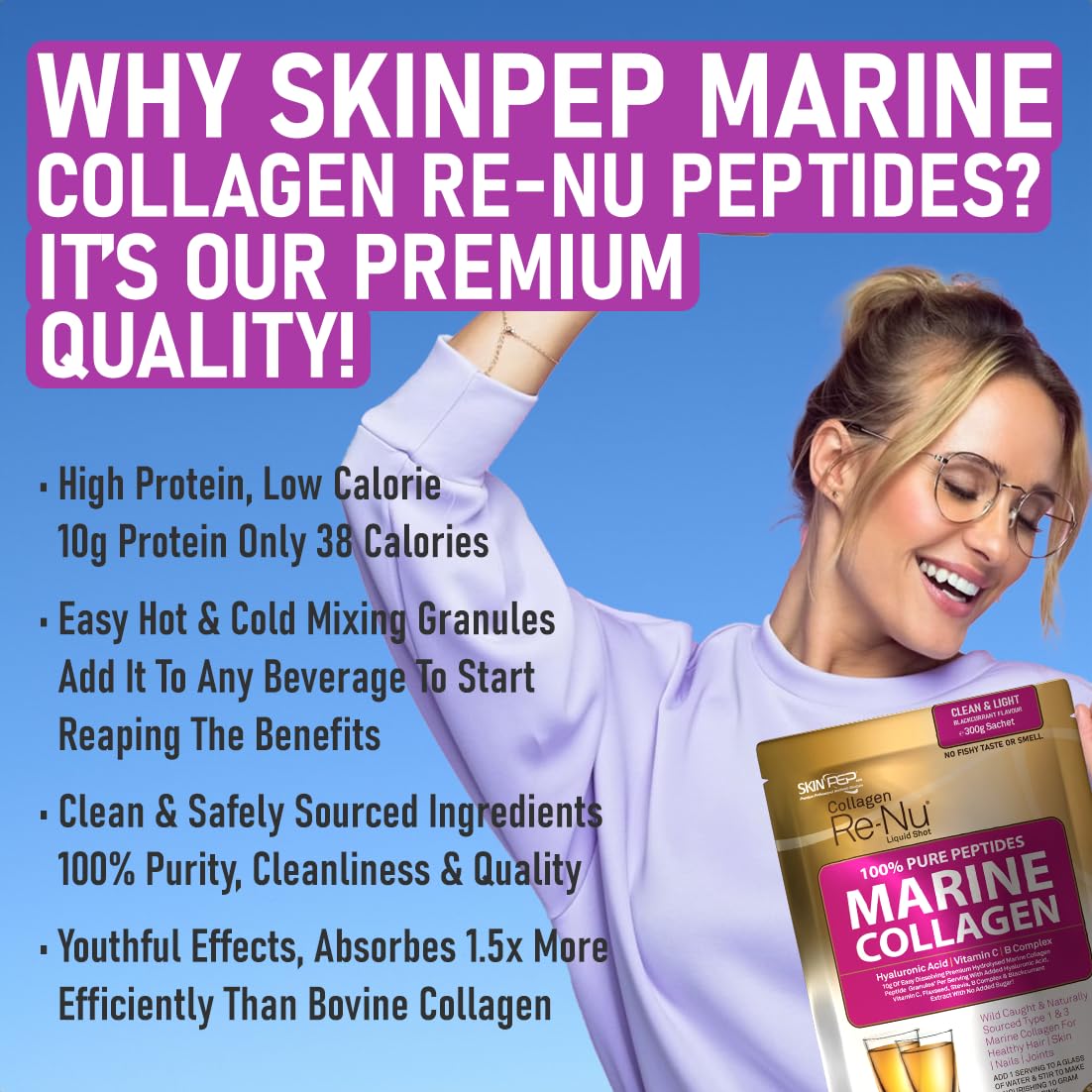 Premium Hydrolysed Marine Collagen Peptide Powder + VIT C, B Complex Hyaluronic Acid, & Stevia. Delicious Taste/No Fishy Smell - SkinPep® Collagen Re-Nu 300g - 30 Days Supply SkinPep