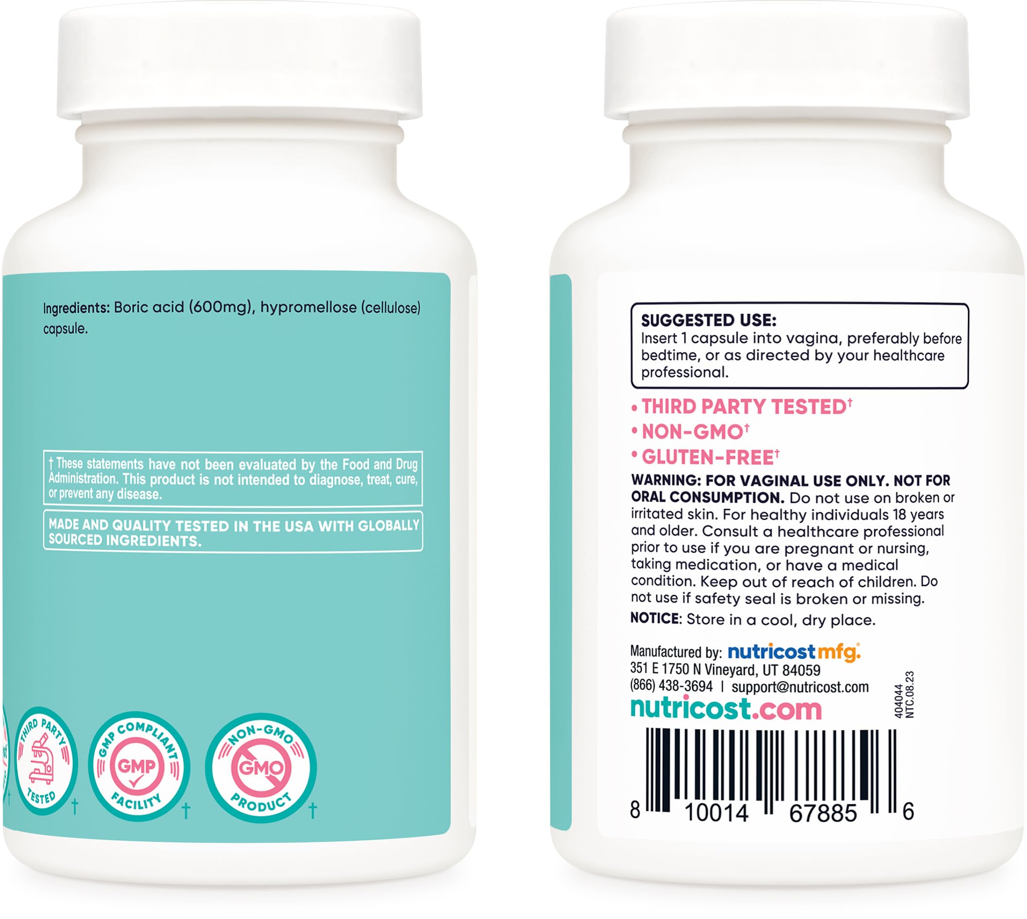 Nutricost Boric Acid 600mg, 60 Capsules - Vaginal Suppository - Non-GMO - for Women Nutricost