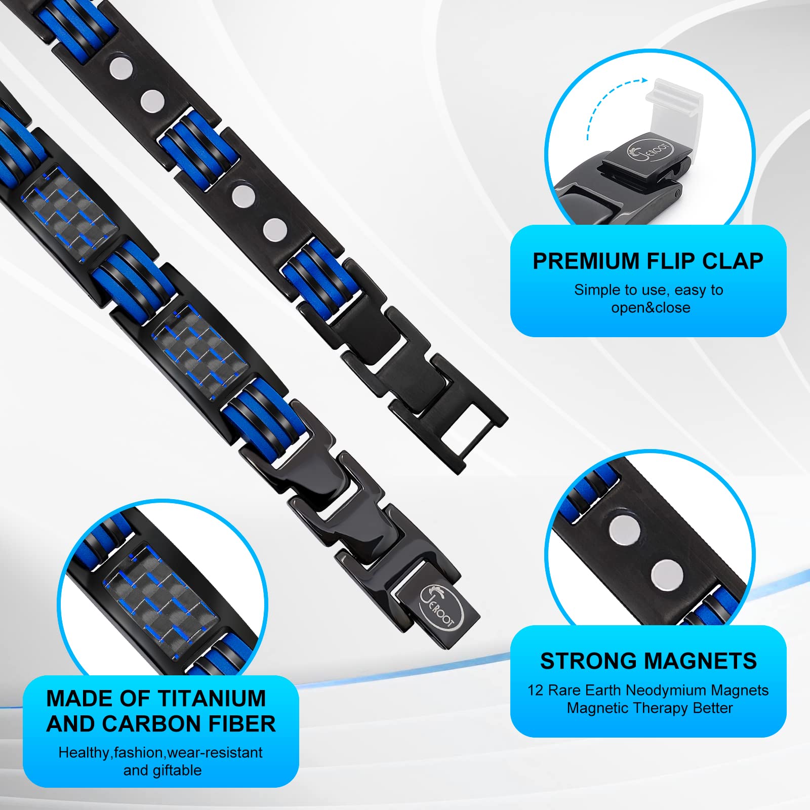 JEROOT Magnetic Bracelets for Men, Blue Carbon Fiber Pure Titanium Magnetic Bracelet JEROOT