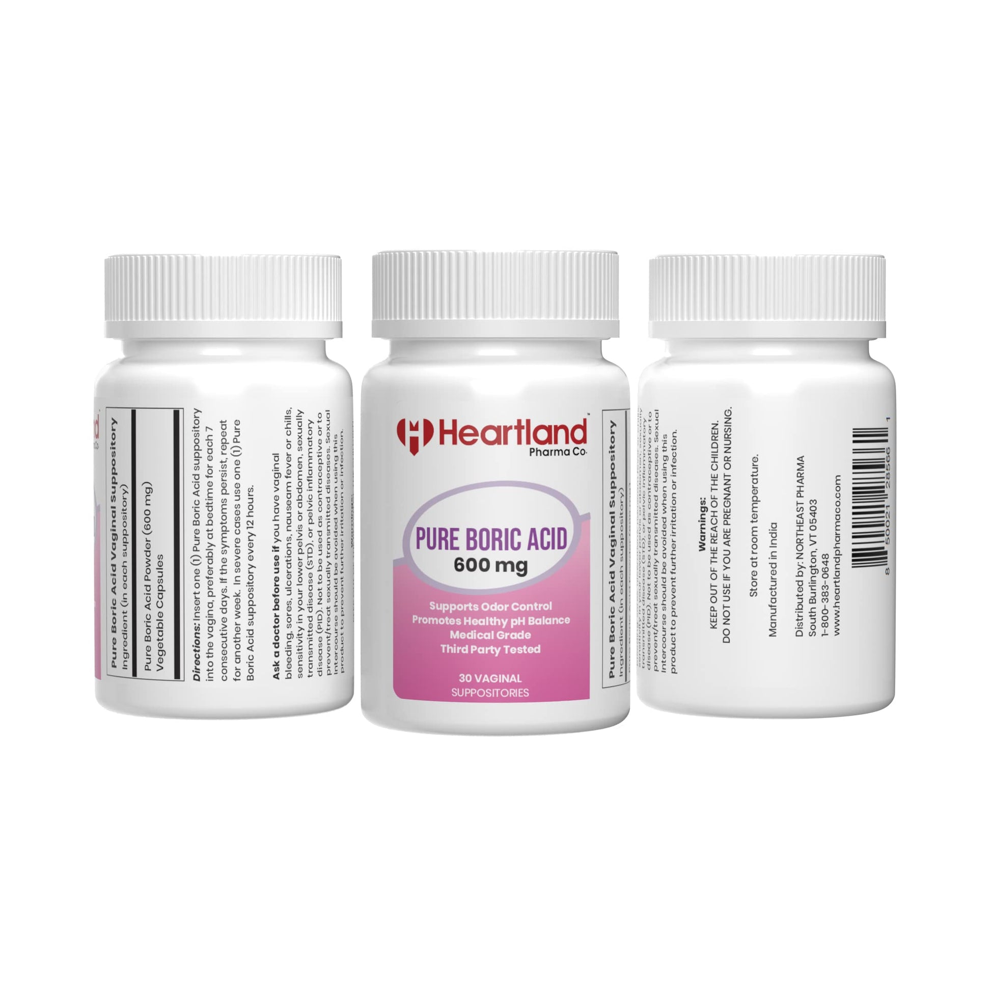 Heartland Pharma Boric Acid Vaginal Suppositories - Feminine Care - 100% Pure Boric Acid - (30 ct)(2 Pack) Heartland Pharma