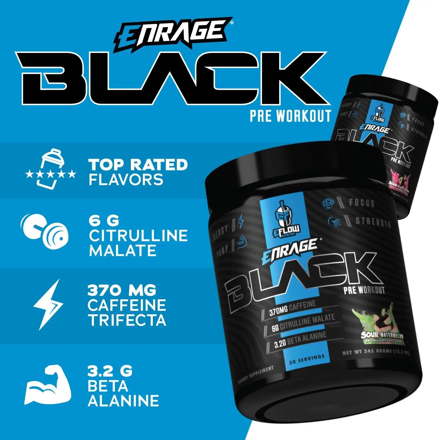 eFlow Nutrition Enrage Black High Stimulant Pre Workout Supplement - Preworkout Powder to Boost Energy, Pumps and Strength - 4 Flavors (30 Servings) (Sour Watermelon)