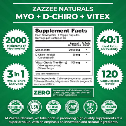 Zazzee Myo-Inositol + D-Chiro + Vitex, 120 Vegan Capsules, Optimal 40:1 Inositol Ratio, with 500 mg Vitex
