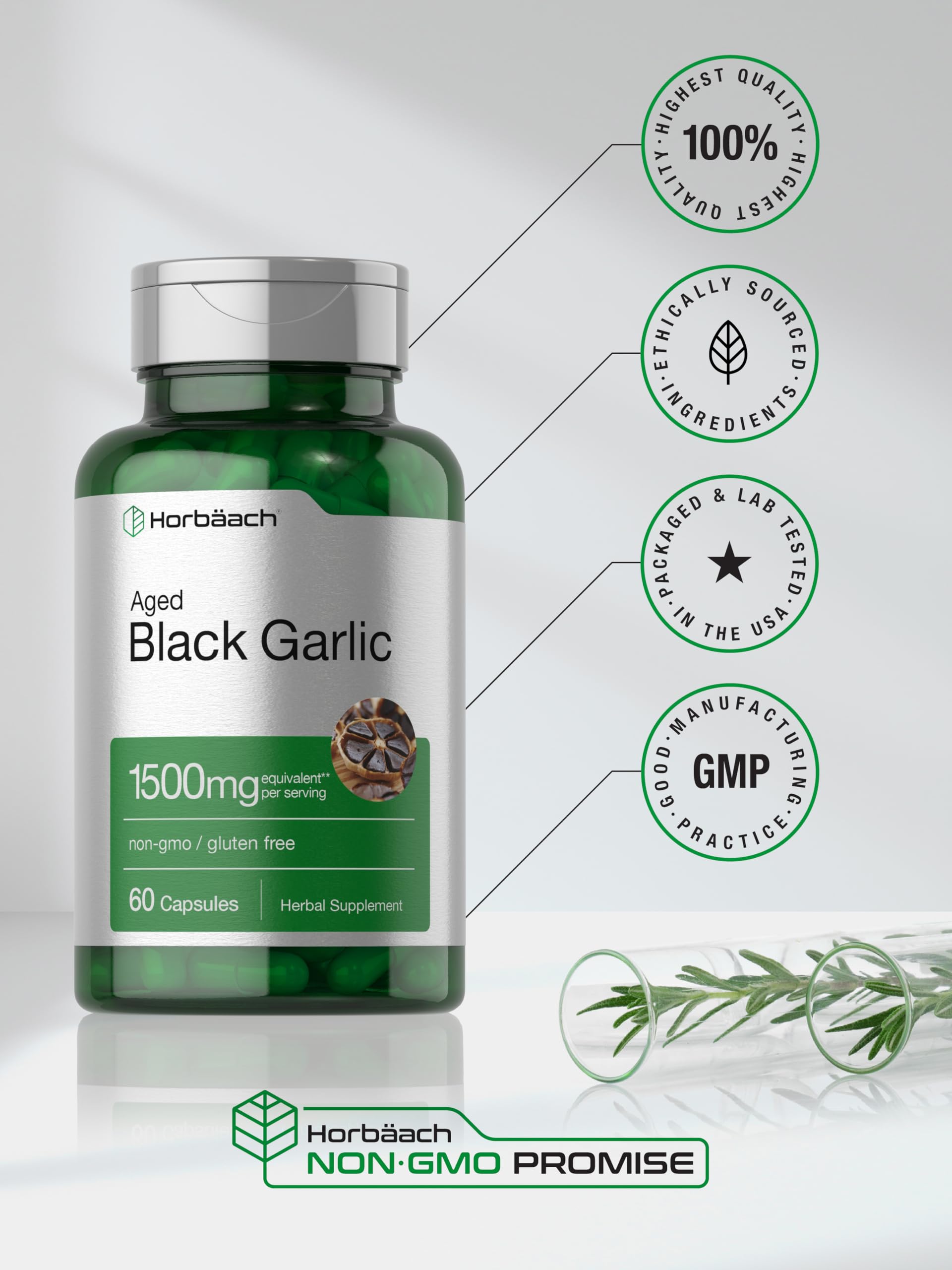 Aged Black Garlic Capsules 1500mg | 60 Count | Fermented Extract Supplement Horbäach