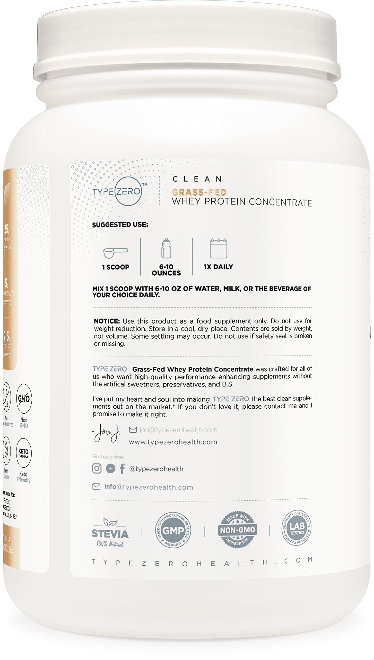 Type Zero Grass Fed Whey Protein Concentrate Powder (Vanilla, 2LBS) - Gluten Free Type Zero
