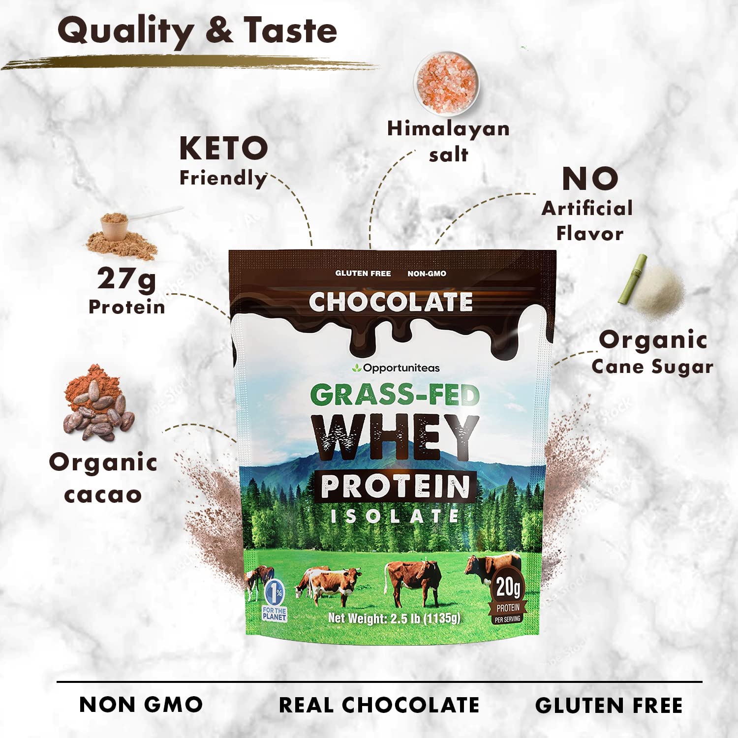 Opportuniteas Chocolate Whey Protein Powder - Grass Fed Whey Isolate + Organic Cacao Opportuniteas