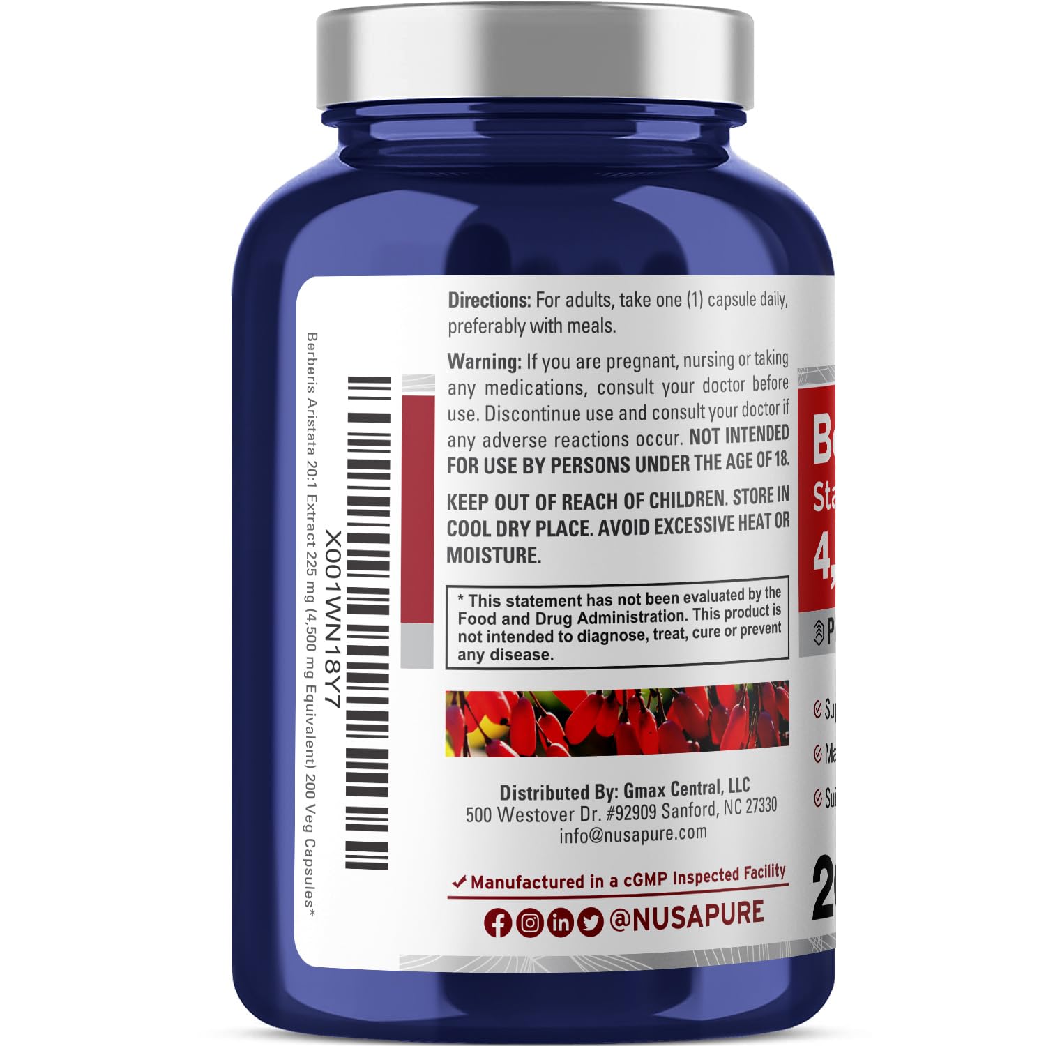 NusaPure Berberine HCI 4500 mg - 200 Veggie Caps - 6 Months Supply - (100% Vegetarian NusaPure