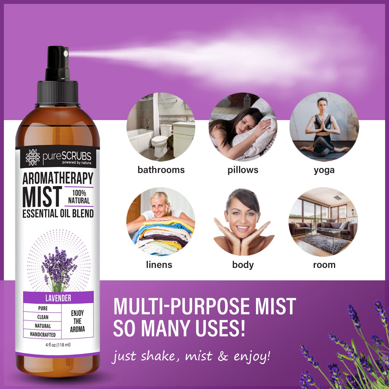 Shake, Mist & Enjoy - pureSCRUBS Premium Lavender Aromatherapy Spray Mist for Room, Body, Linens pureSCRUBS