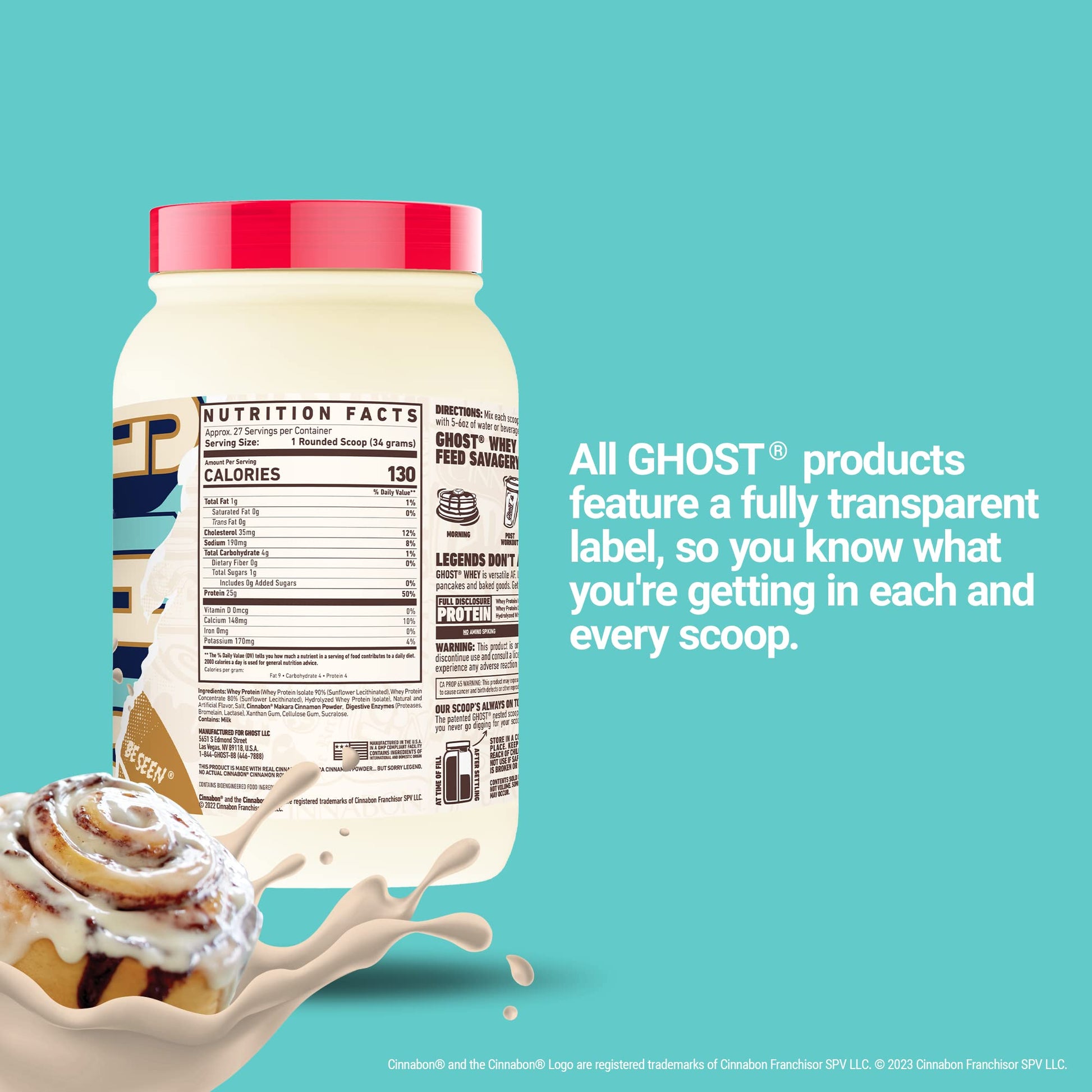 GHOST Whey Protein Powder, Cinnabon - 2LB Tub, 25G of Protein - Cinnamon Roll Flavore GHOST