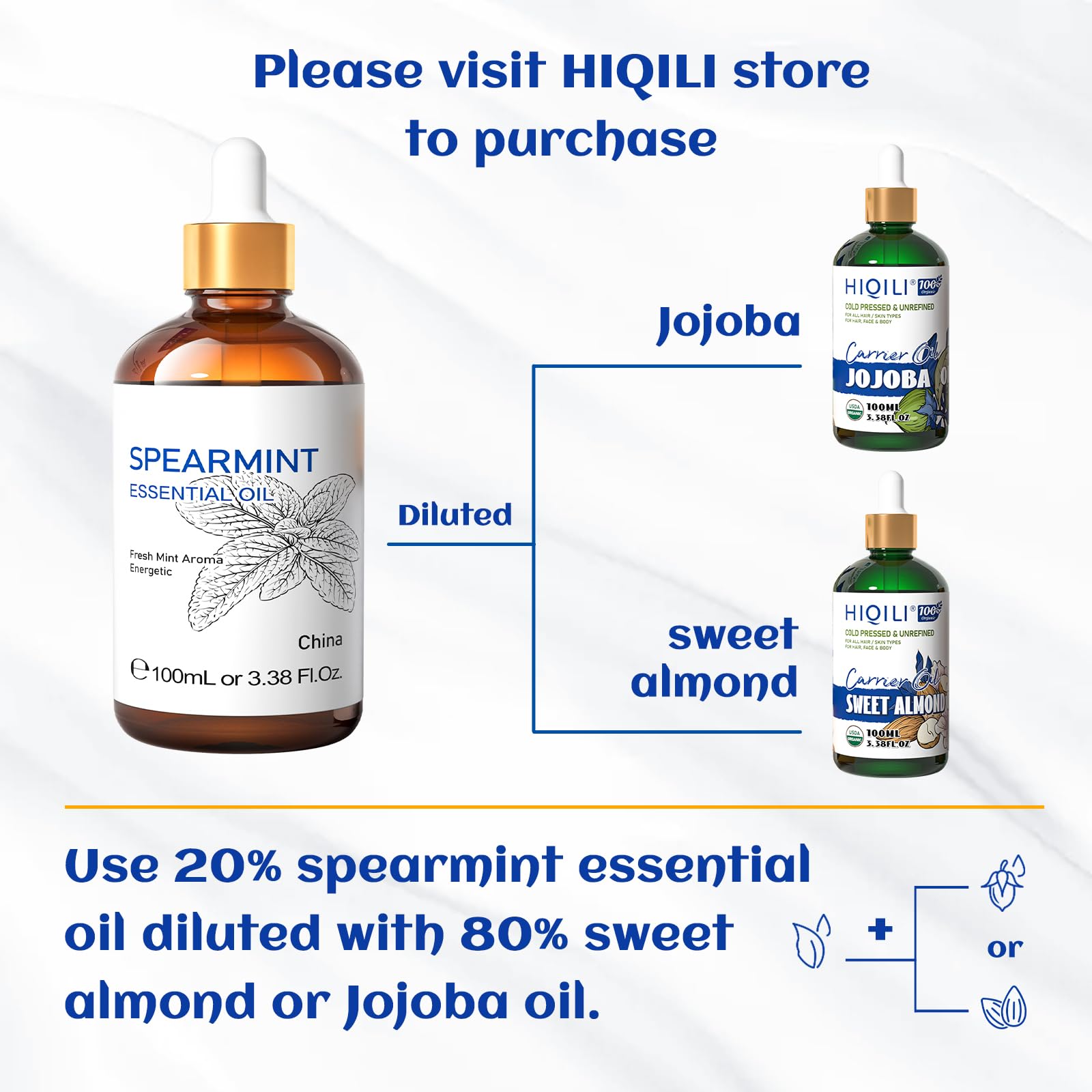 HIQILI 100ML Spearmint Essential Oil for Skin Care -100% Pure Treatment Grade - 3.38 Fl Oz. HIQILI