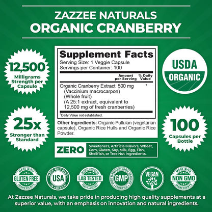 Zazzee USDA Organic Cranberry 25:1 Extract, 12,500 mg Strength, 100 Vegan Capsules