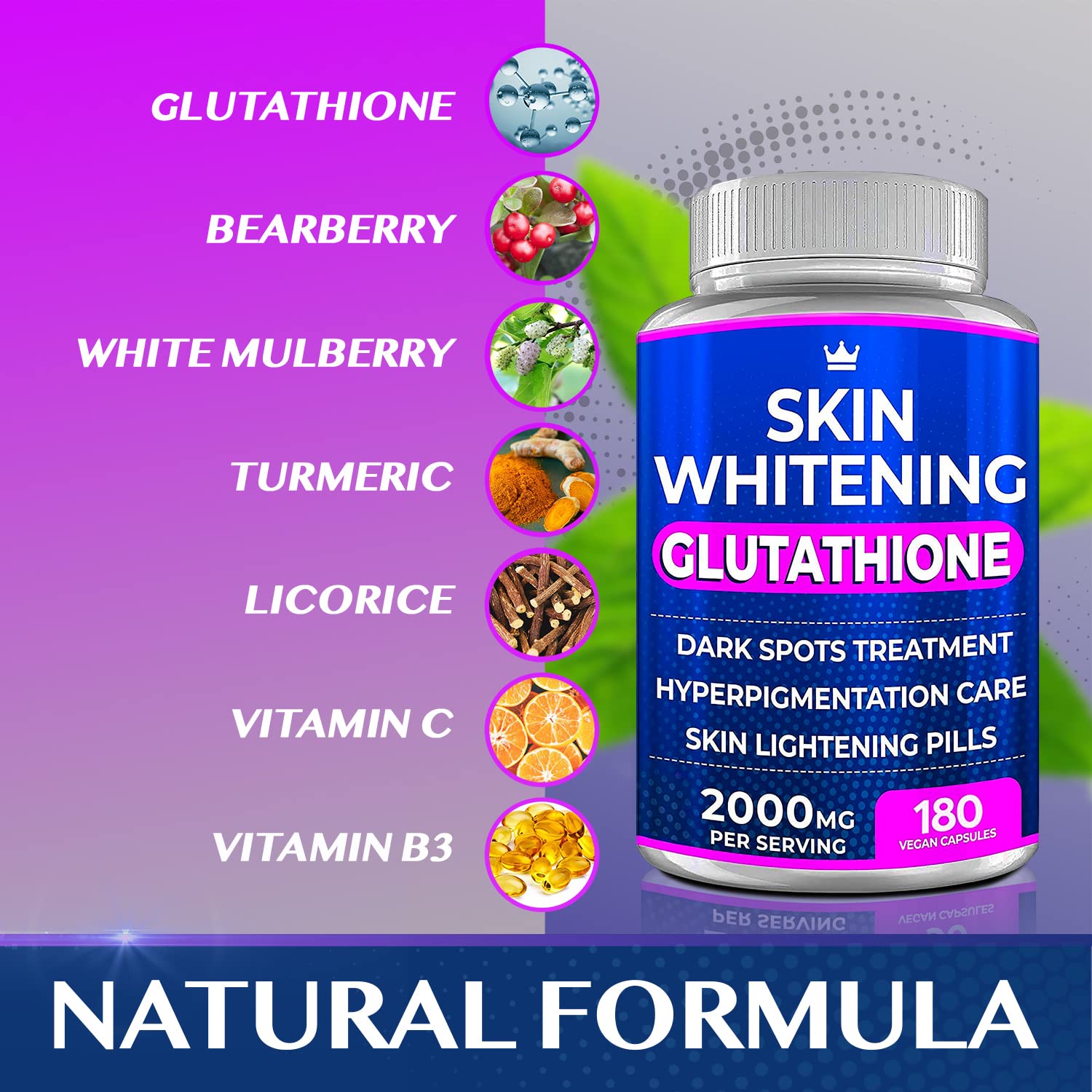 Glutathione Whitening Pills - 180 Capsules 2000mg Glutathione - Effective Skin Lightening NORTHERN CROWN COSMETICS