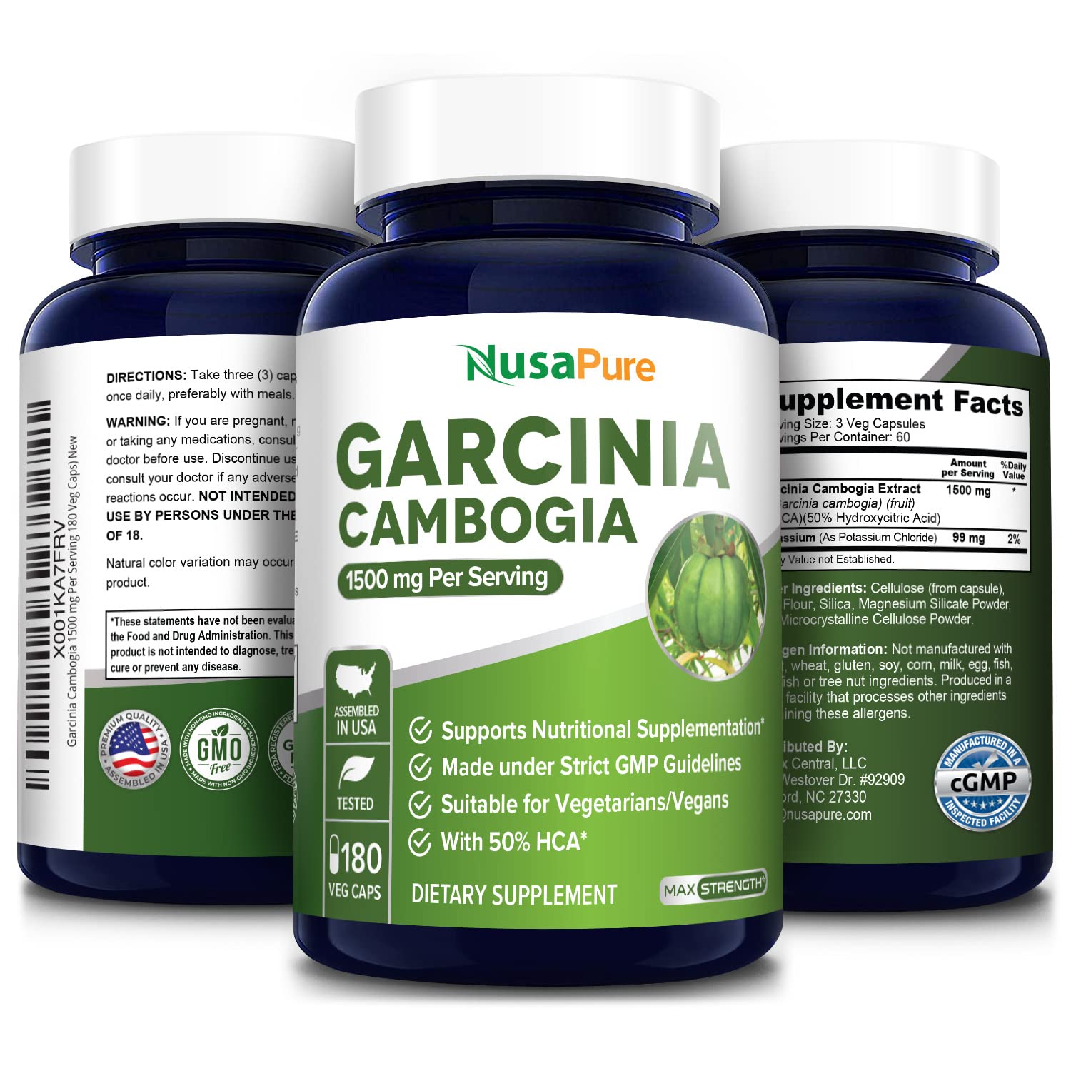 Garcinia Cambogia 180 Veggie Caps 1500mg (Vegetarian, Natural, Non-GMO & Gluten Free) NusaPure