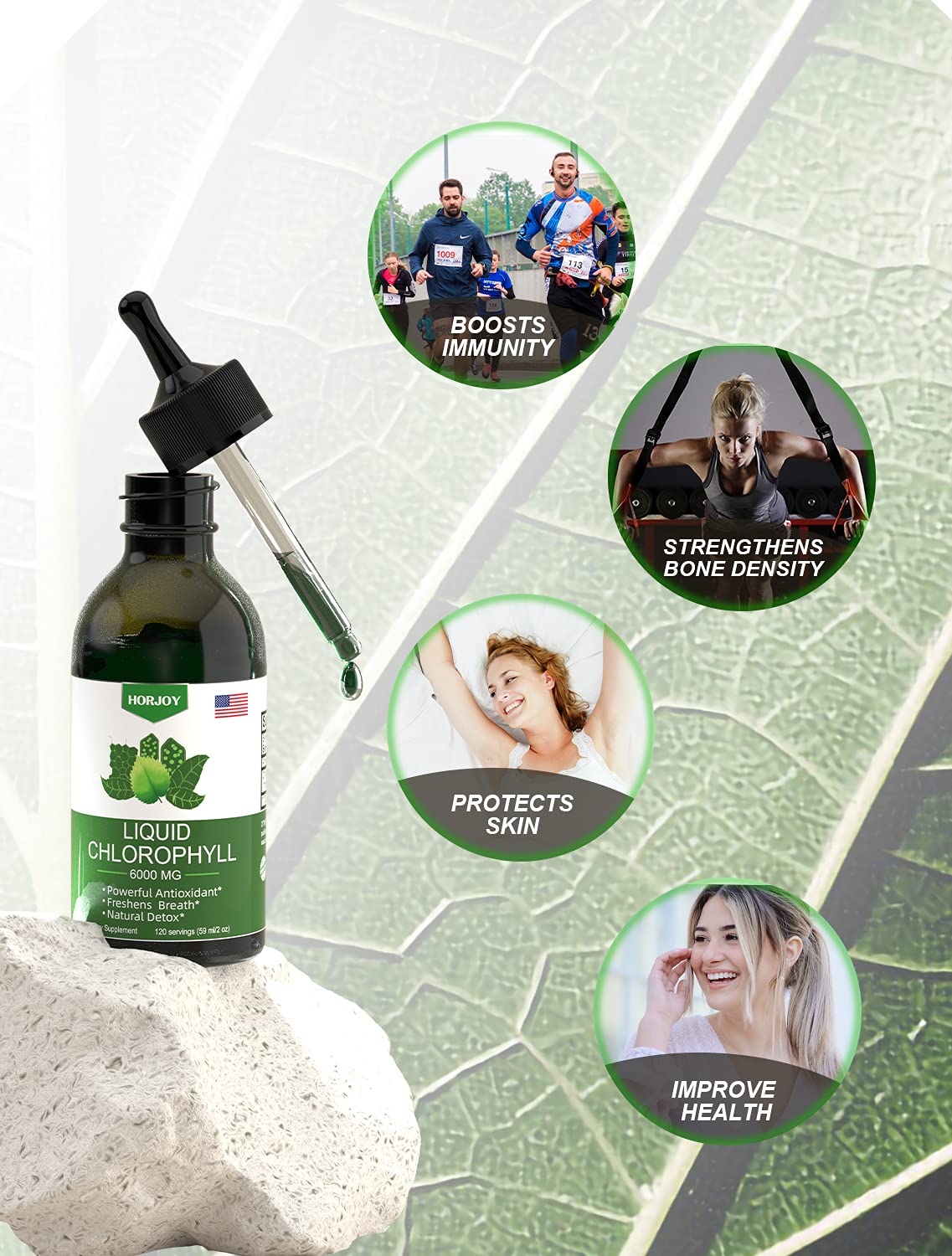 Chlorophyll Liquid Drops - 100% Natural Energy Booster and Immune Support - Internal Horjoy
