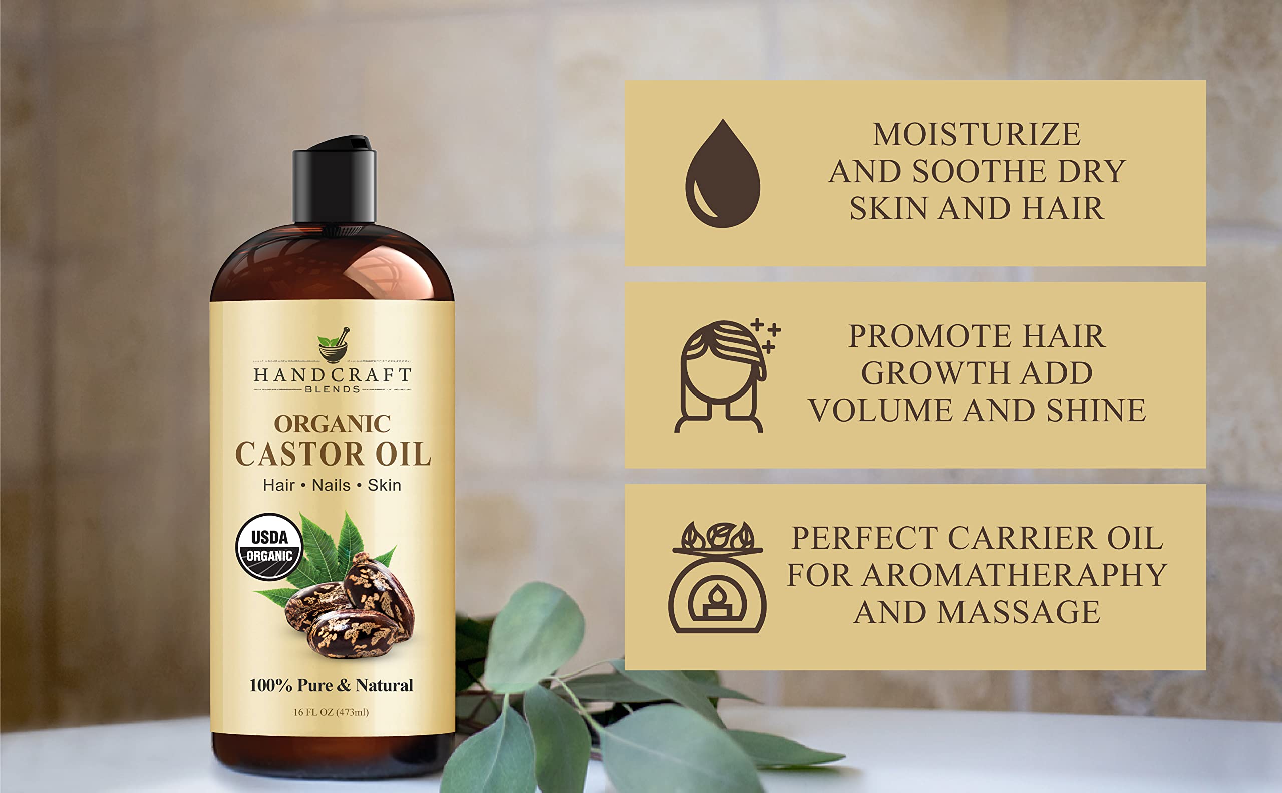Handcraft Blends Organic Castor Oil for Hair Growth, Eyelashes and Eyebrows - 100% Pure Handcraft Blends