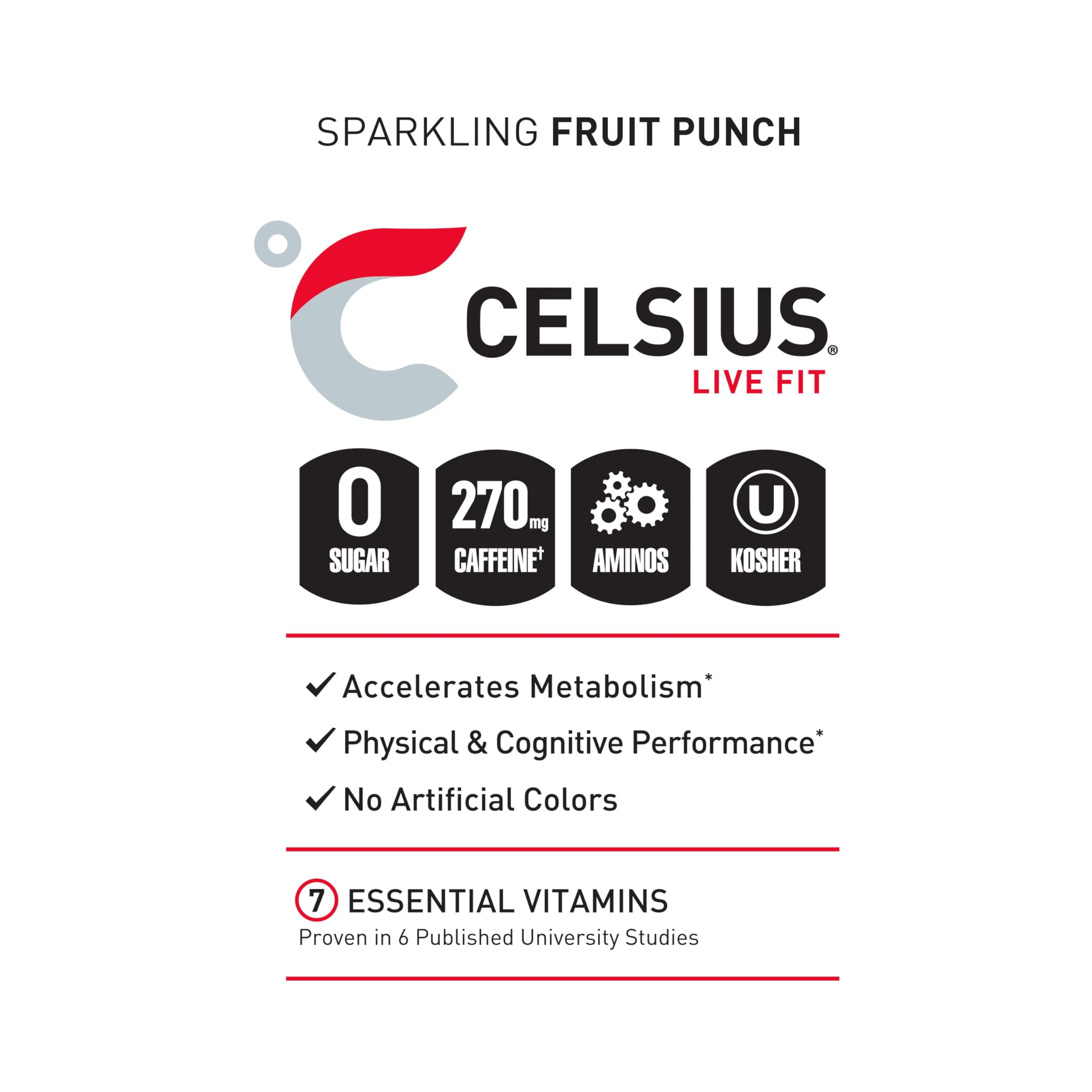 CELSIUS ESSENTIALS, Sparkling Fruit Burst, Performance Energy Drink 16 Fl Oz (Pack of 12) CELSIUS