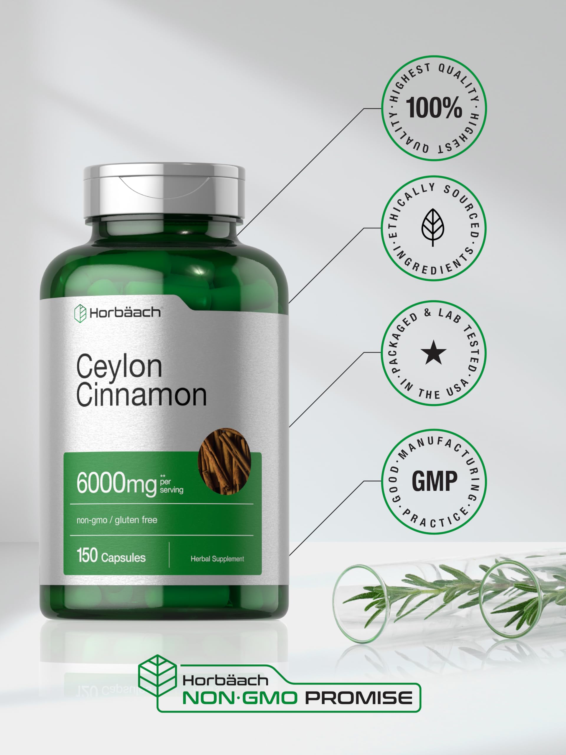 Ceylon Cinnamon Capsules | 6000 mg | 150 Count | Non-GMO & Gluten Free Supplement Horbäach