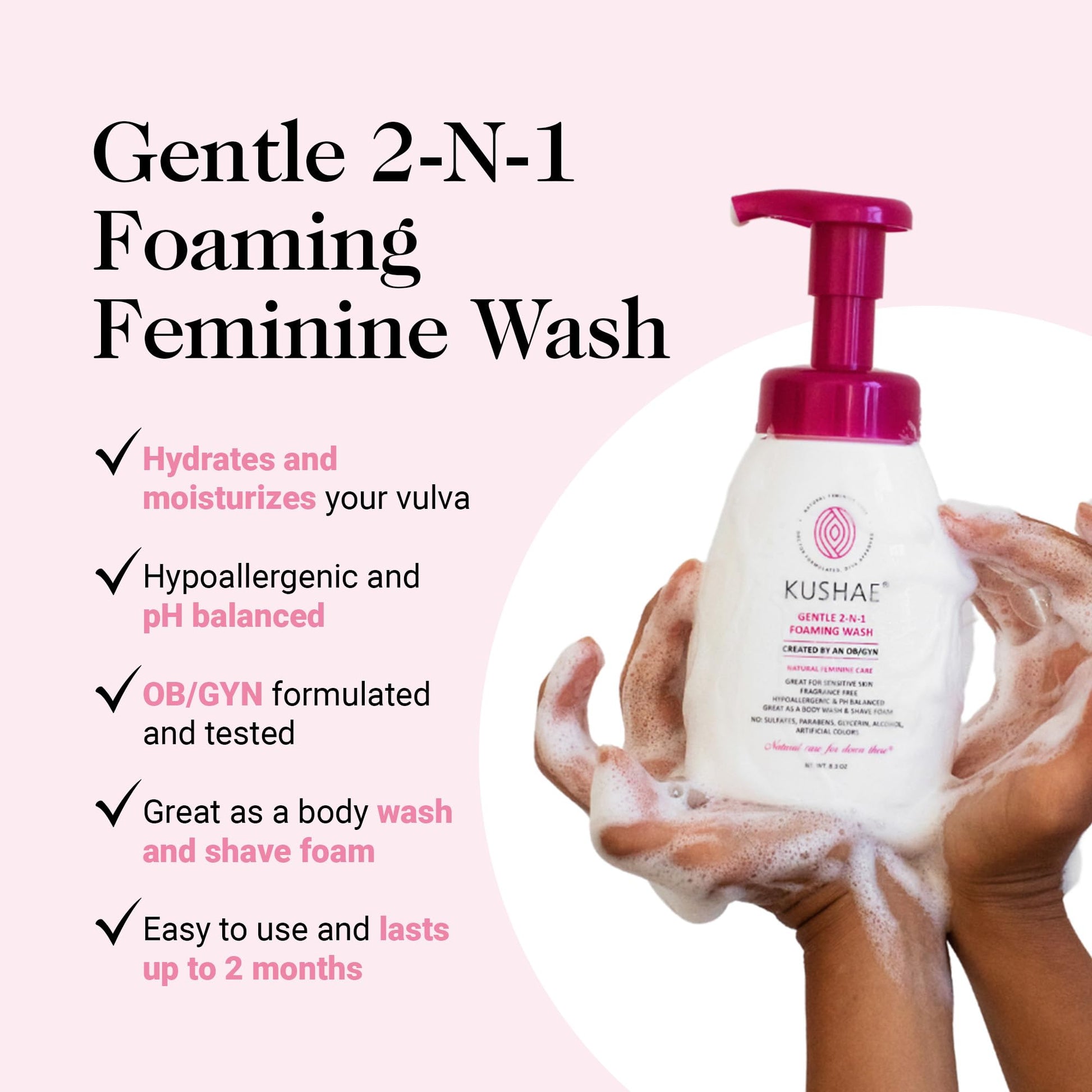Kushae Gentle 2-in-1 Foaming Wash, pH Balance Feminine Wash for Optimal Hygiene Kushae